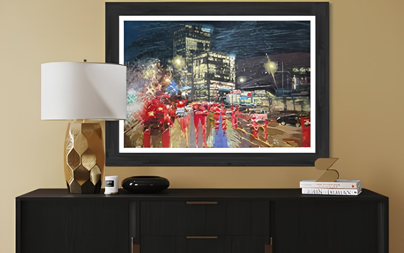 Through strokes of oil on paper, I crafted a nocturnal dance of colors and light, merging impressionism with a touch of realism. This scene captures the pulsating life of the city at night: vibrant, mysterious, and ever-moving. The illuminated