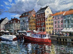 "Nyhavn.Red ship ." Original impressionistic landscape . Impasto oil painting