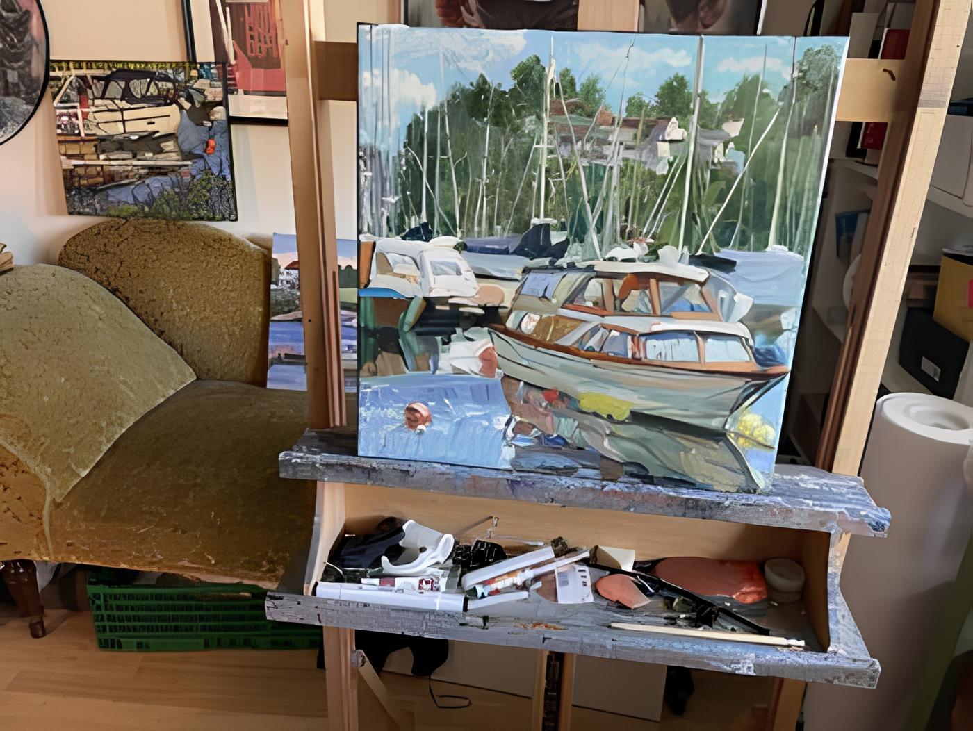 Dieses mit Öl gefertigte, impressionistische Werk vermittelt die Seele der nautischen Ruhe. Das ruhige Wasser wiegt das in die Jahre gekommene Boot, ein Relikt vergangener Abenteuer, das Geschichten über das Meer erzählt. Durchdrungen von