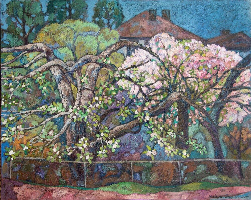 Landscape Painting di Nadezda Stupina - "Vecchio giardino" Paesaggio impressionistico. Quadro ad olio orizzontale di grandi dimensioni