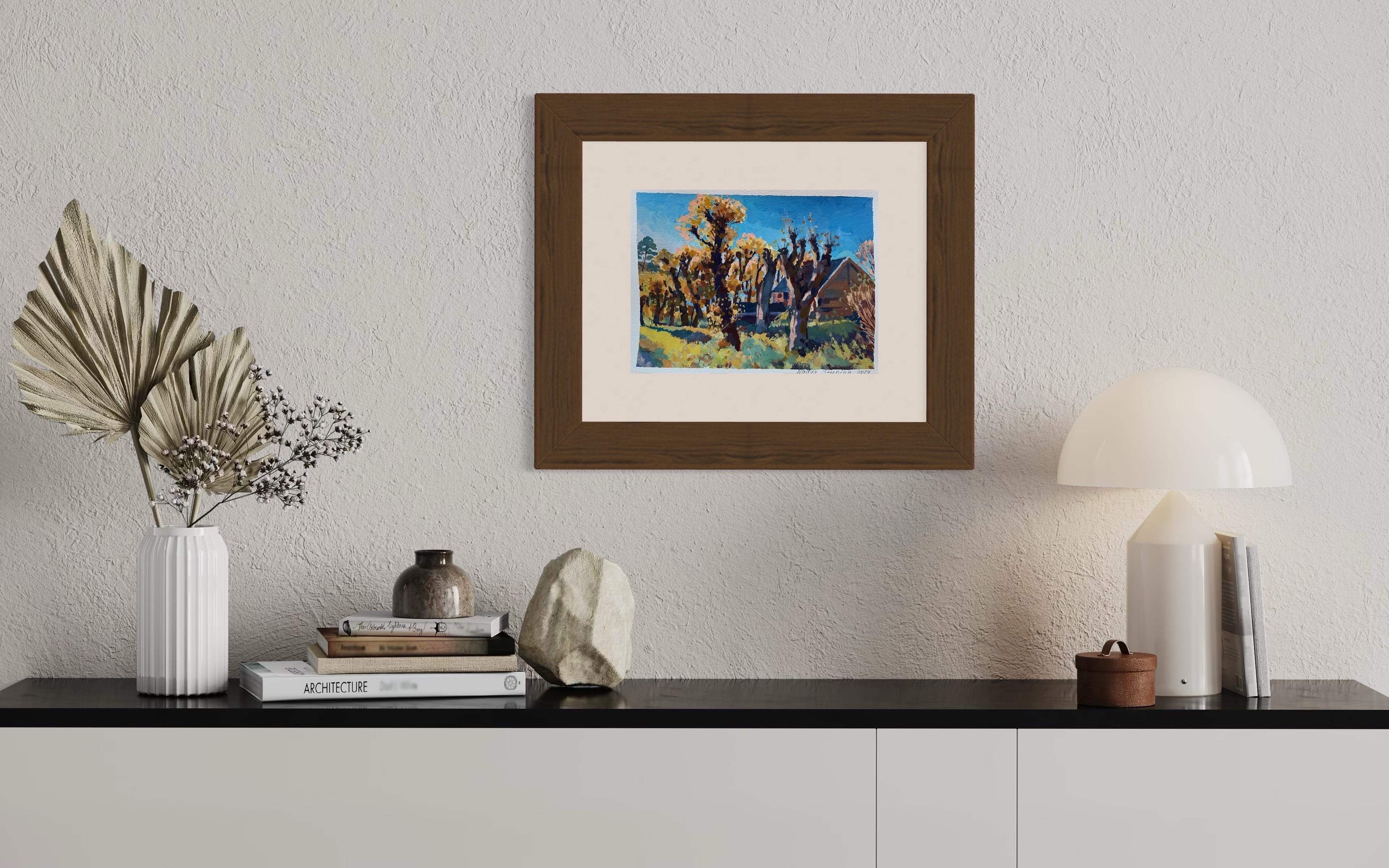 Dieses Kunstwerk fängt eine heitere, sonnenüberflutete Landschaft ein, die von beschnittenen Bäumen dominiert wird, deren verdrehte Stämme und Äste in den Himmel ragen. Die in leuchtenden Gelb- und Grüntönen gemalten Blätter erinnern an den