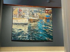 "In una giornata di sole sul molo" Originale. Porto. Barche .Large  pittura di paesaggi marini