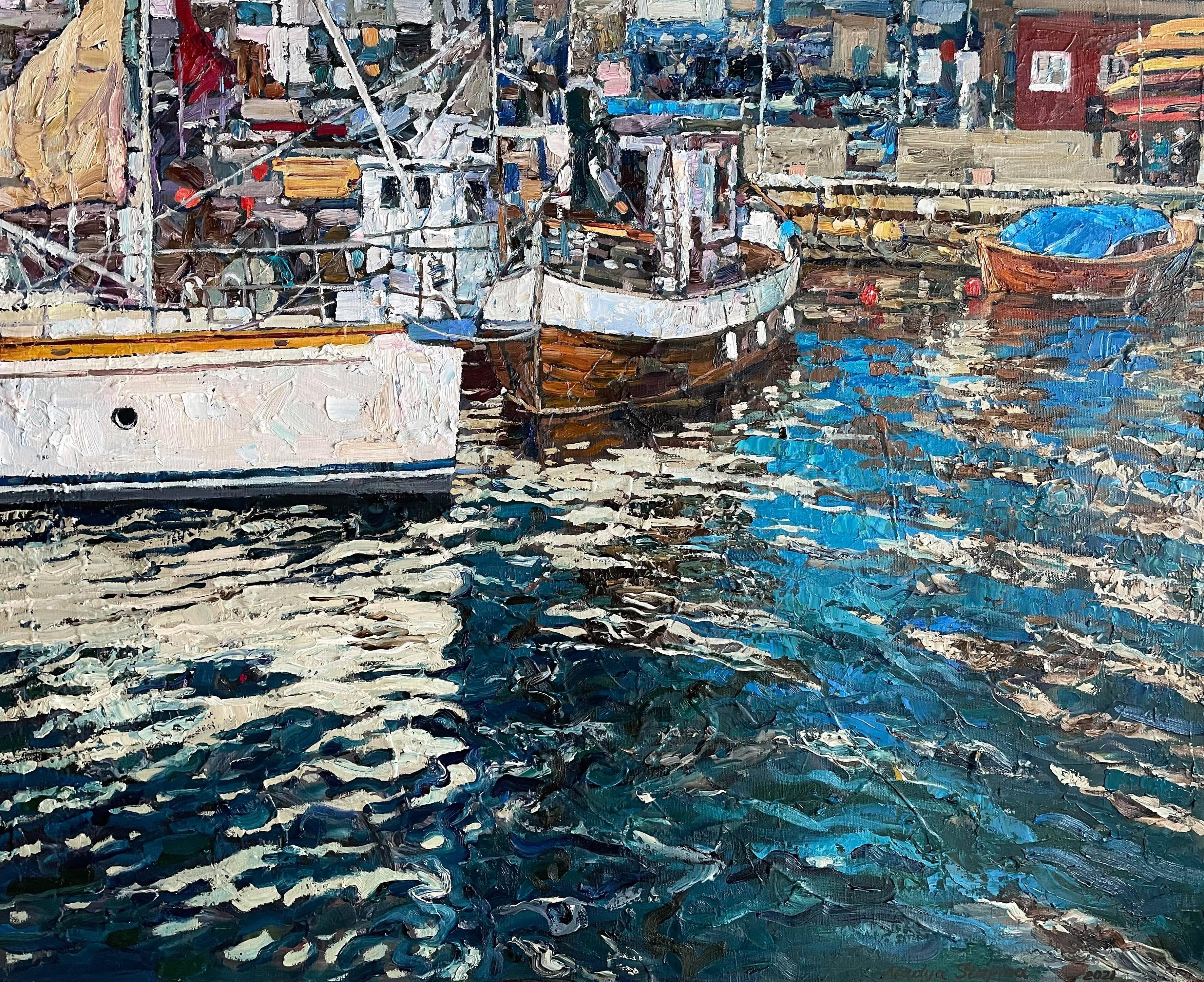 "An einem sonnigen Tag auf dem Pier" Original. Hafen. Boote .groß  Seelandschaftsmalerei