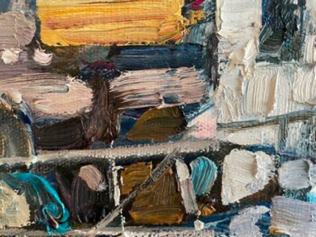 Su un  Giornata di sole sul molo. Porto. Barche .Large  pittura di paesaggi marini in vendita 1