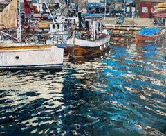 On a  sunny day on the pier . Harbour. Boats .Large  seascape painting
