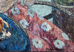 Pittura ad olio sul balcone, Arte impressionista di grandi dimensioni, 81x100 cm