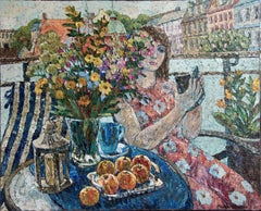 Pittura ad olio sul balcone, Arte impressionista di grandi dimensioni, 81x100 cm