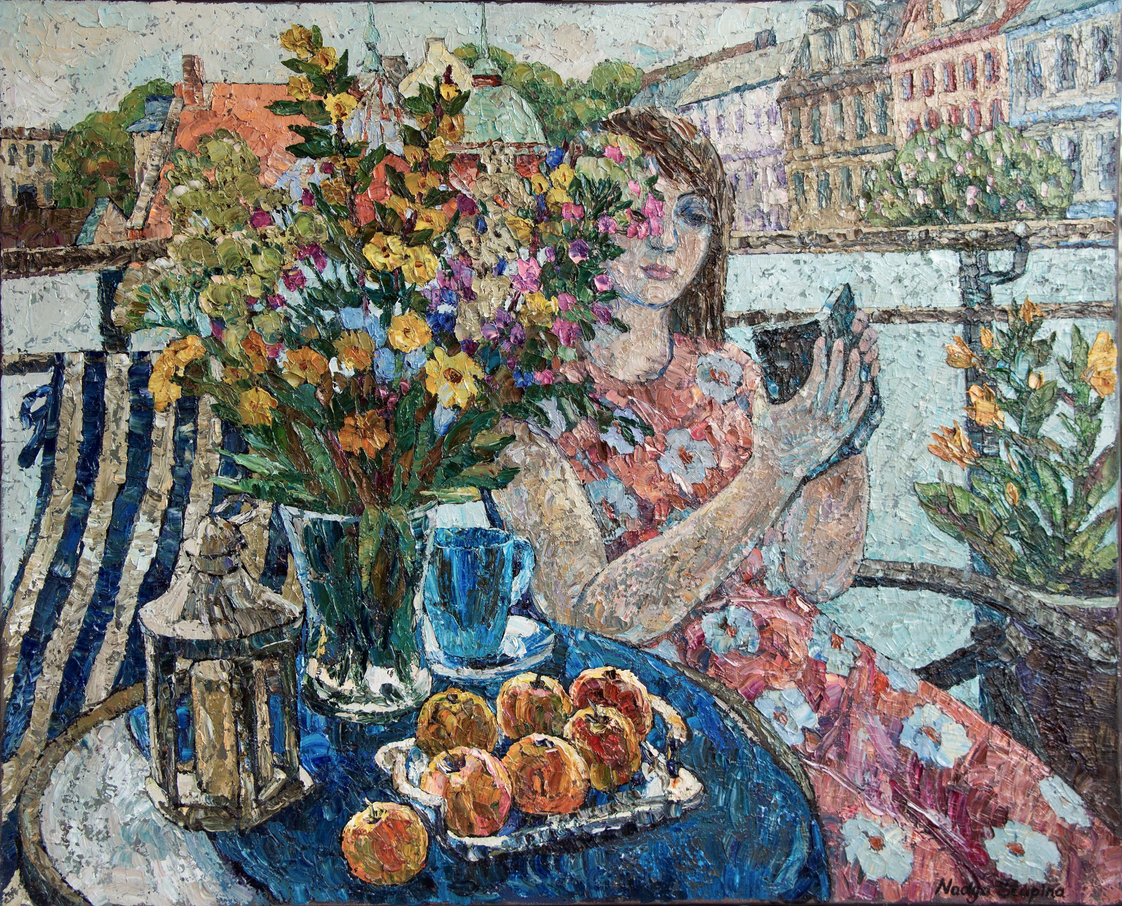 "Sul balcone" Quadro figurativo impressionista originale. Grande. Impasto.