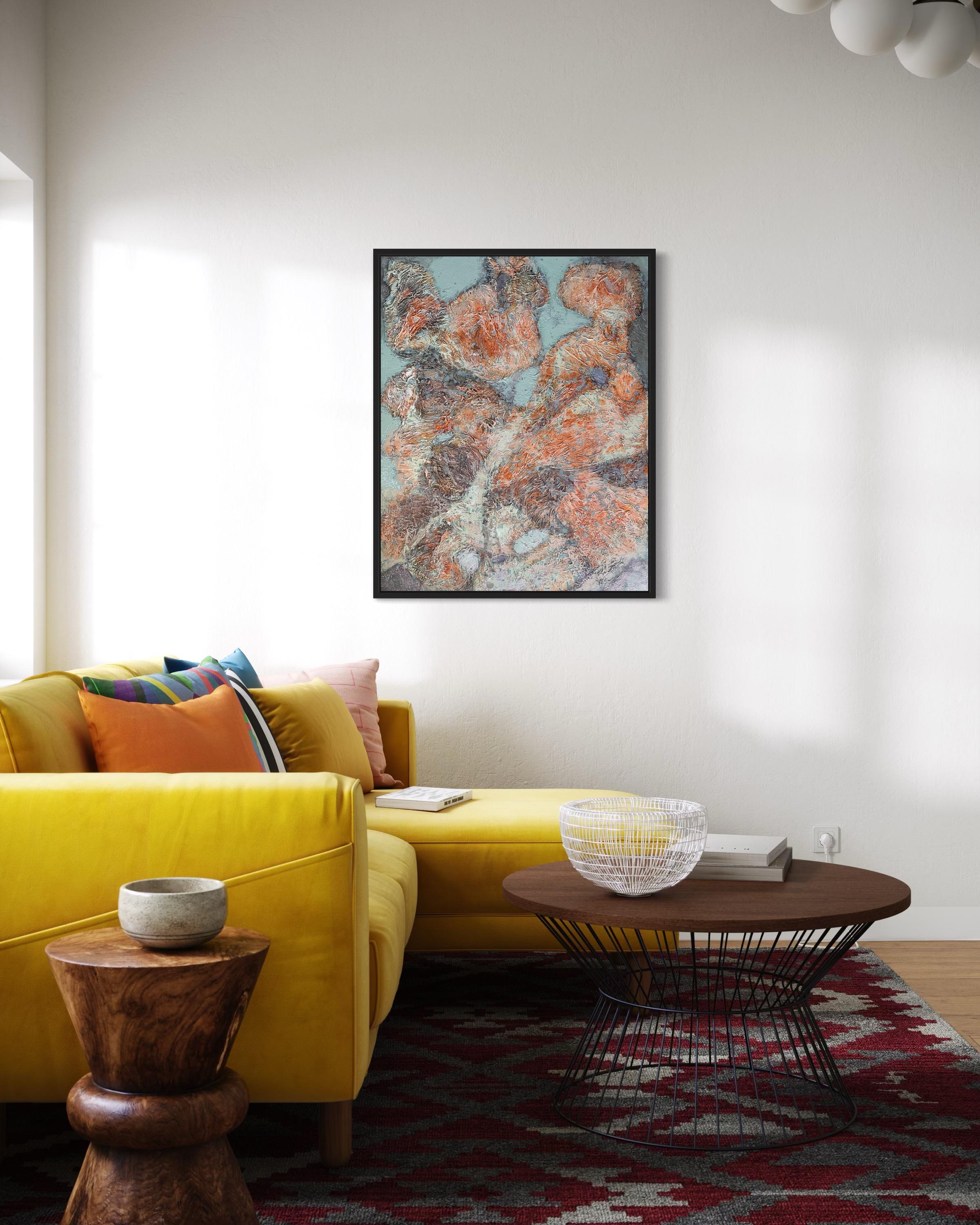 «Orange abstraction» Original Large painting. Vertical horizontal  structure For Sale 11