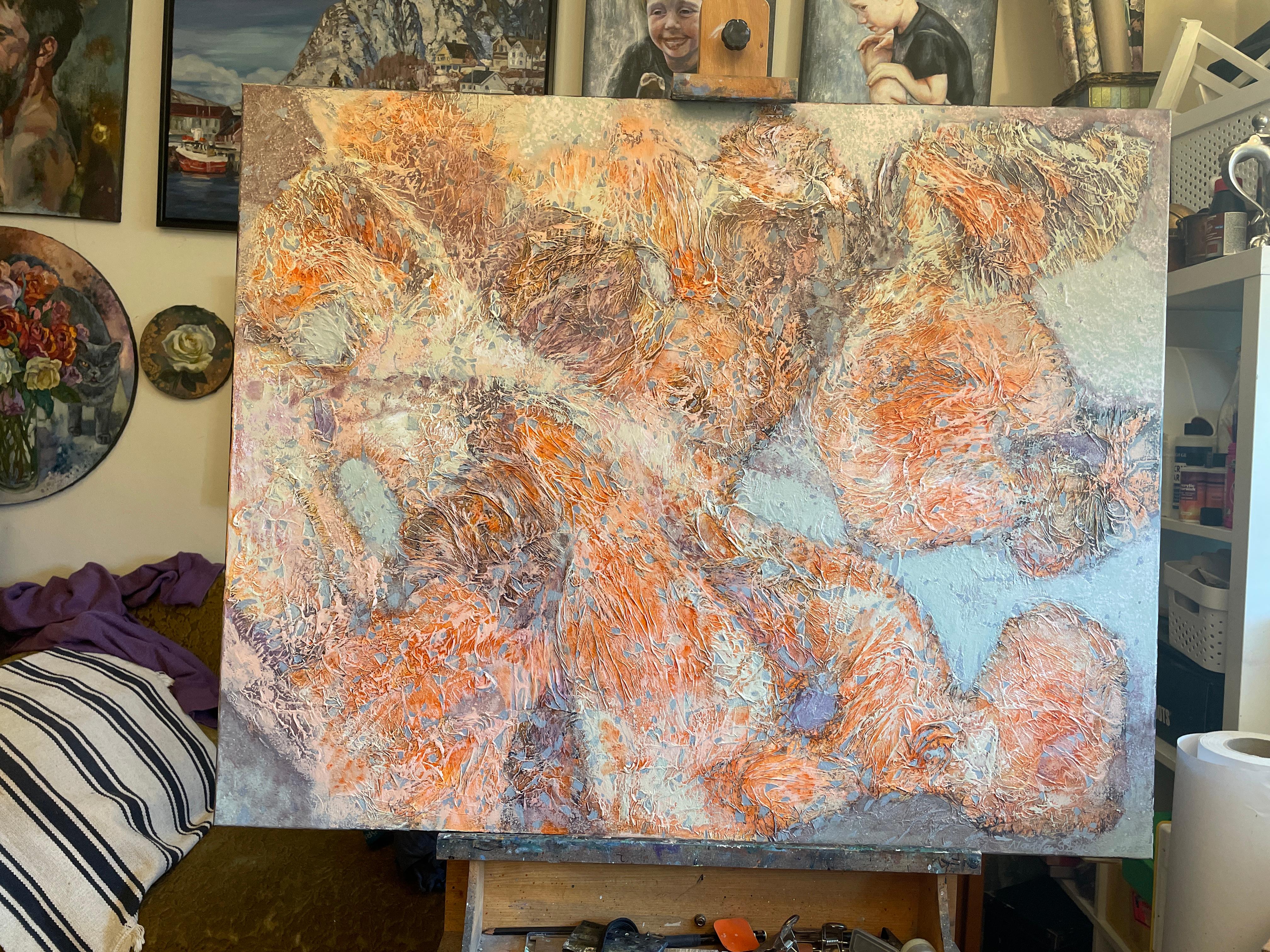«Orange abstraction» Original Large painting. Vertical horizontal  structure - Painting by Nadezda Stupina