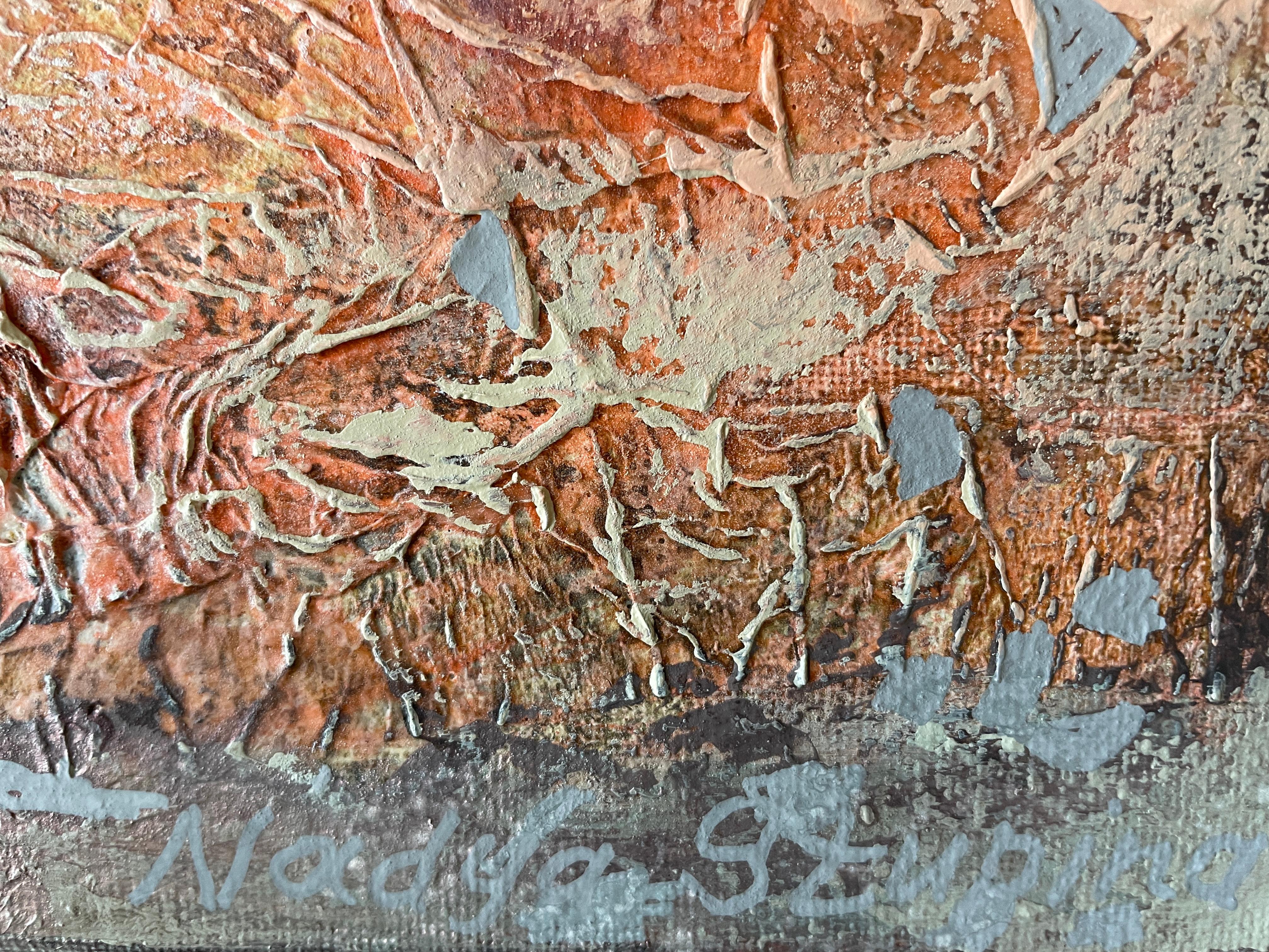 This captivating artwork features an intricate tapestry of textures and colors, merging organic forms with abstract expressionism. Dominated by warm, earthy tones of orange and brown, the piece evokes a sense of dynamic movement across the canvas.