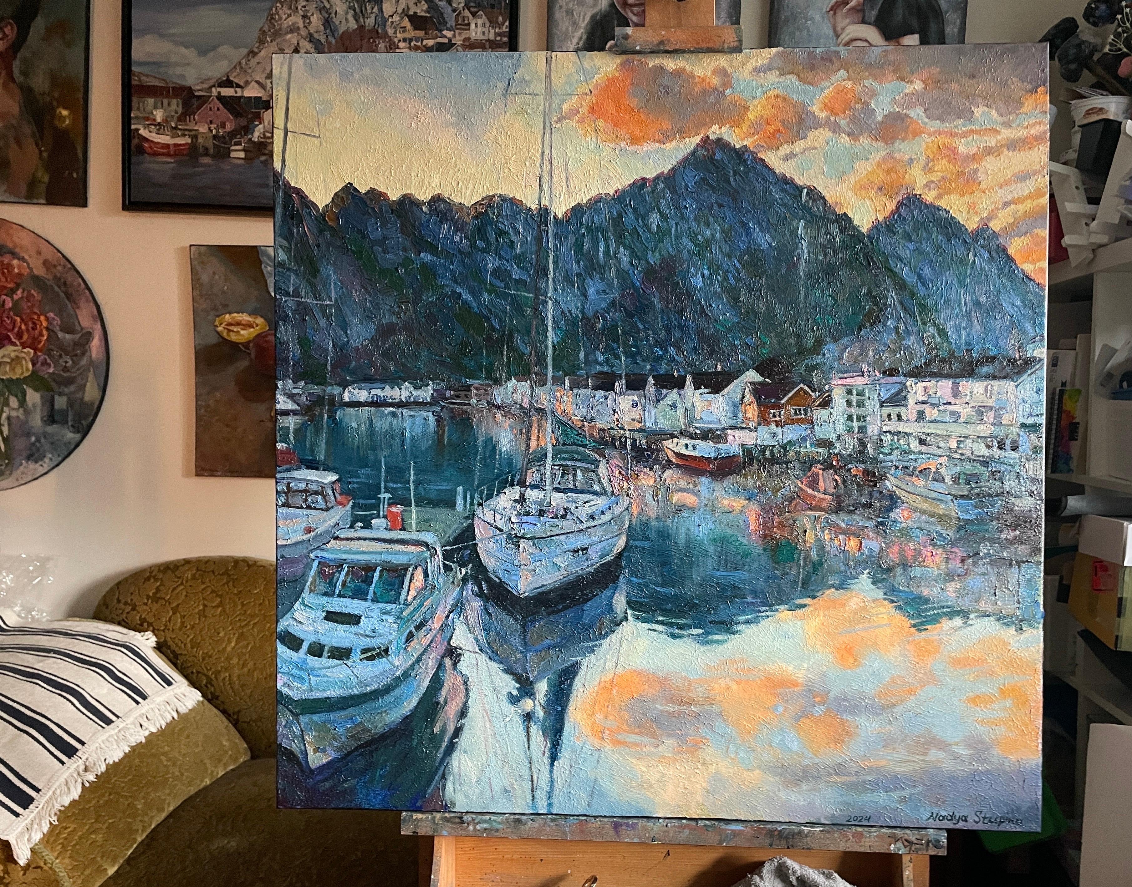 Nuvole arancioni su Heningsvær - Painting Postimpressionismo di Nadezda Stupina