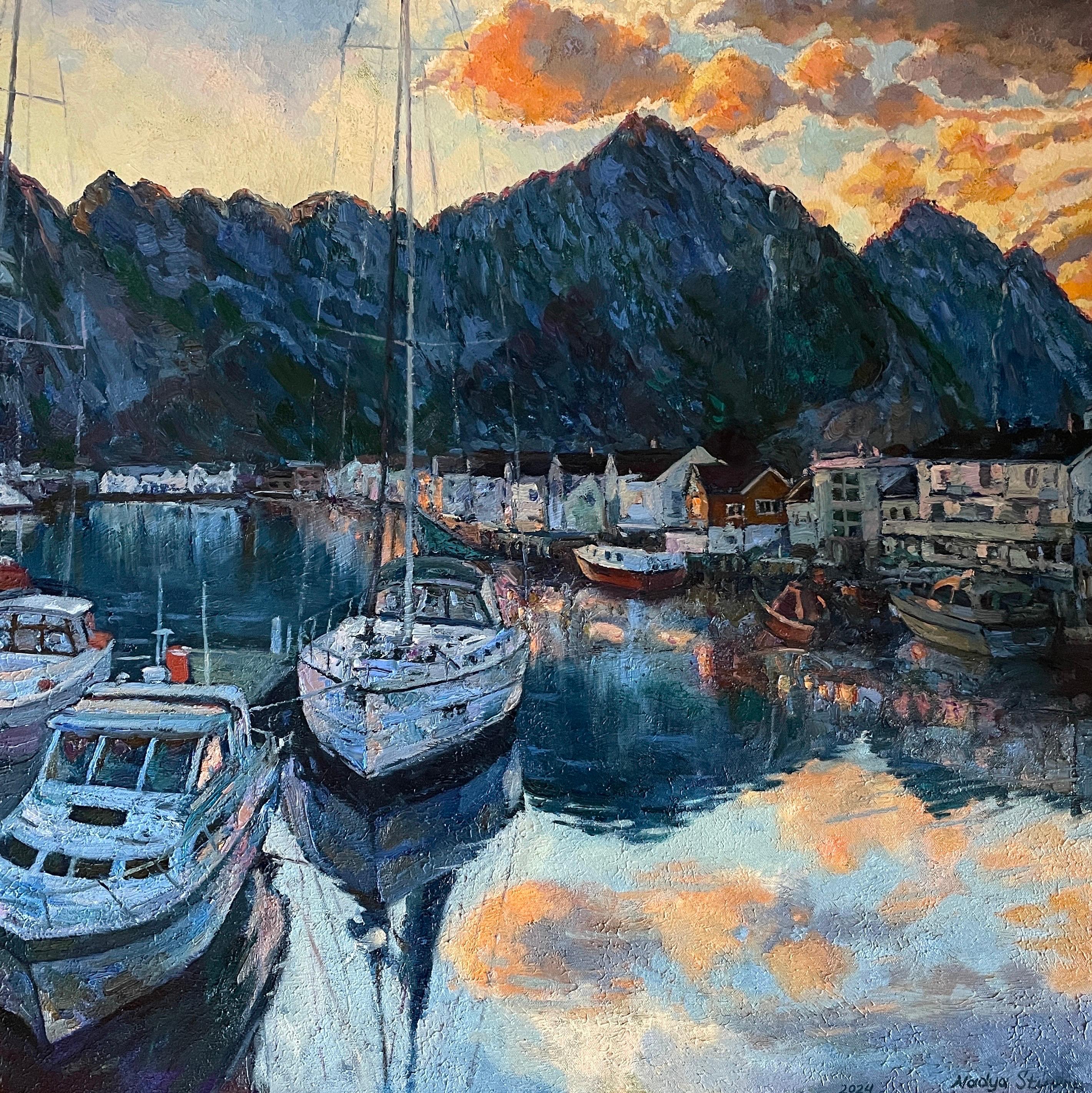 "Orange clouds over Heningsvær" Original  landscape  painting  . Large square