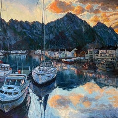 "Orange clouds over Heningsvær" Original  landscape  painting  . Large square