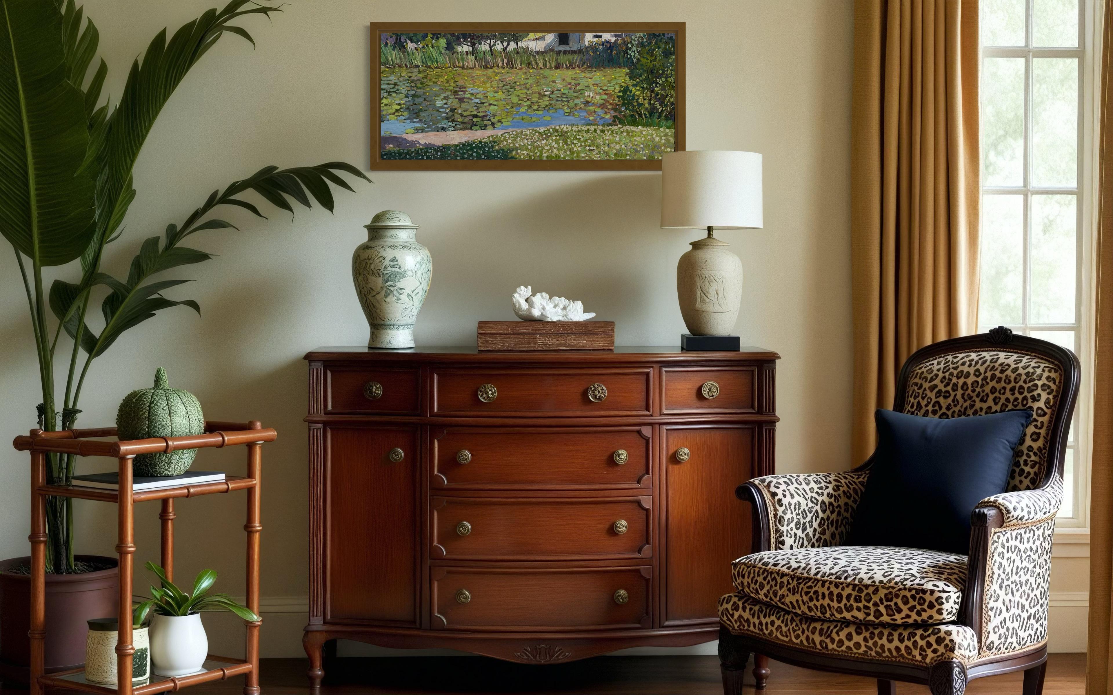 “Overgrown pond” Originan impressionistic landscape. Horizontal . Plain air For Sale 9