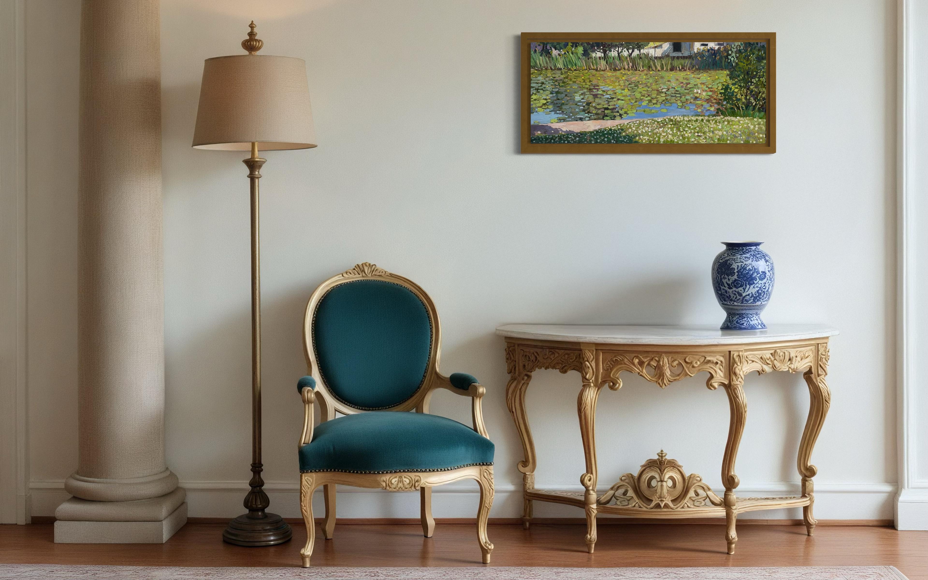 “Overgrown pond” Originan impressionistic landscape. Horizontal . Plain air For Sale 11