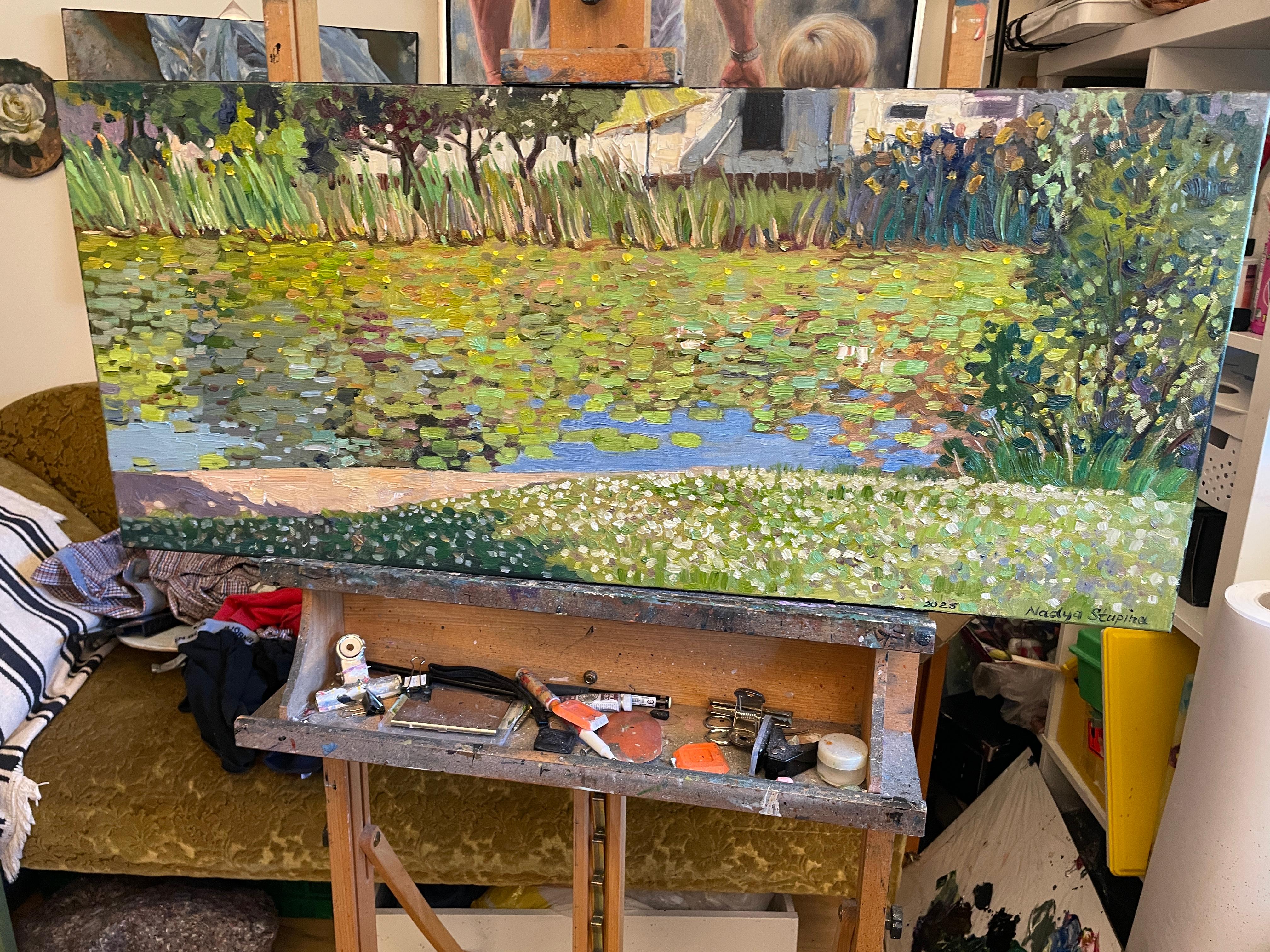 “Overgrown pond” Originan impressionistic landscape. Horizontal . Plain air - Impressionist Painting by Nadezda Stupina