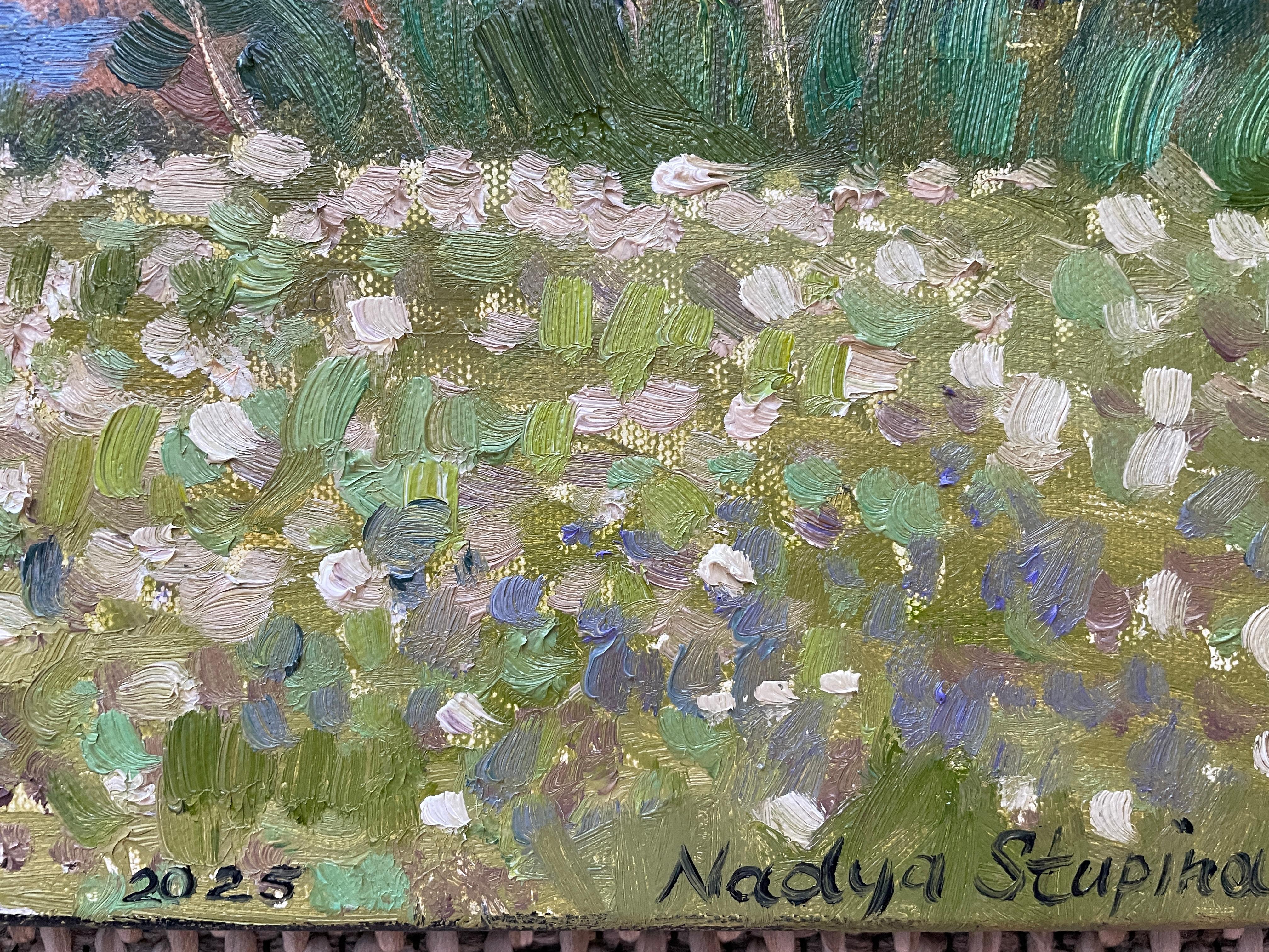 “Overgrown pond” Originan impressionistic landscape. Horizontal . Plain air - Gray Landscape Painting by Nadezda Stupina