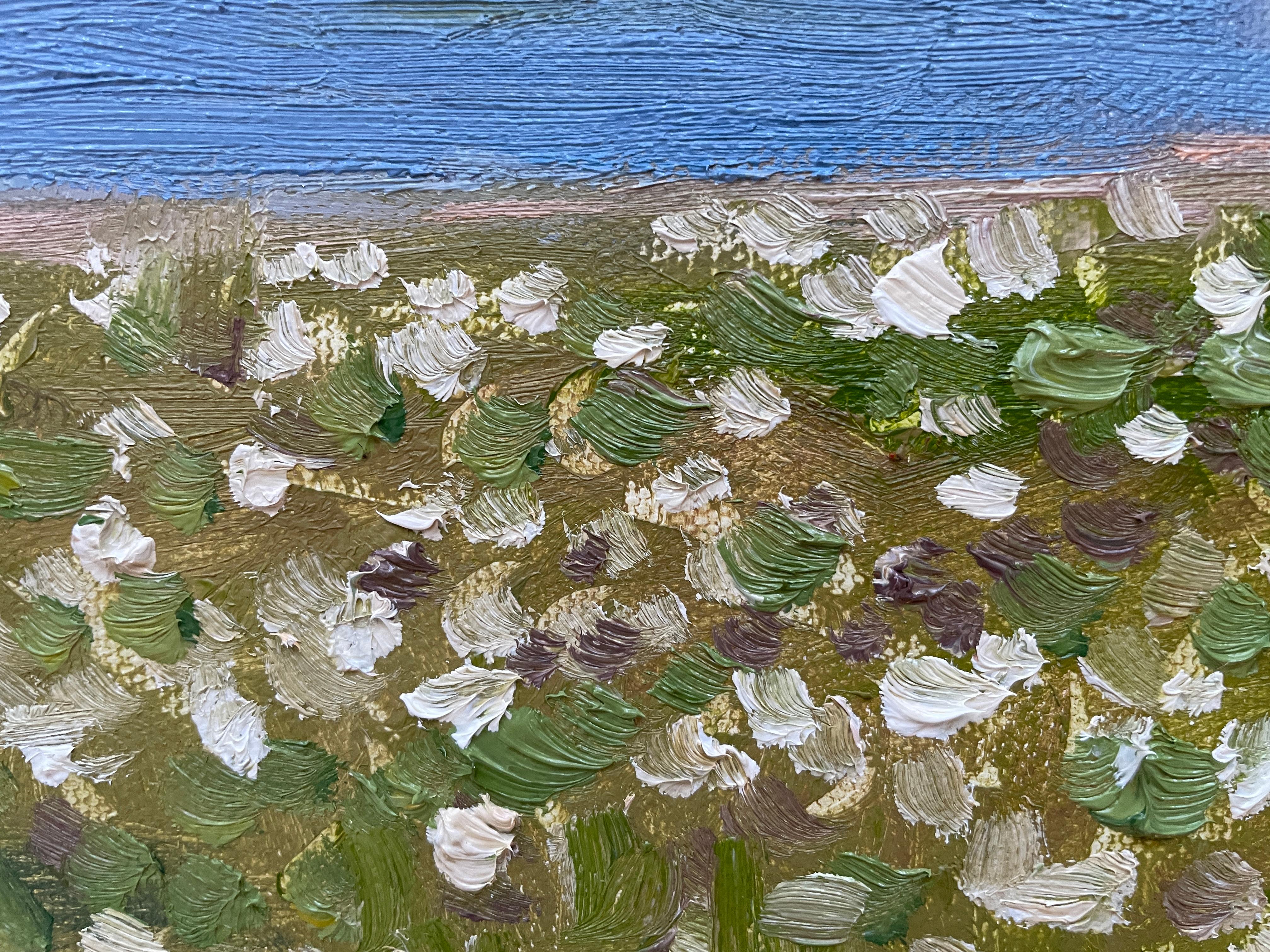 This artwork depicts a serene pond scene, masterfully capturing the essence of tranquility. The surface of the water is adorned with delicate lily pads, creating a textured, vibrant mosaic of greens and yellows, interspersed with shimmering