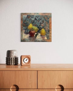 Pears and Apple Still Life Painting in Gouache, Post-Impressionist