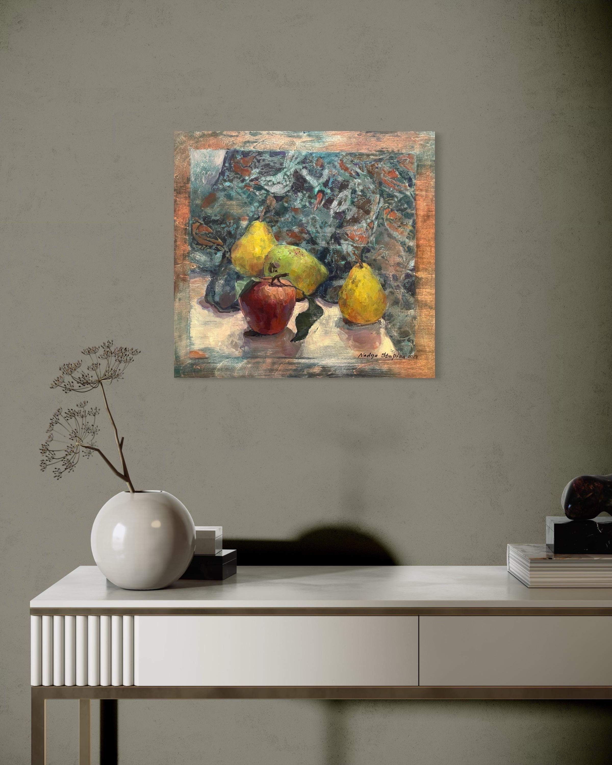 Peras y manzana - Still-Life Painting Marrón de Nadezda Stupina