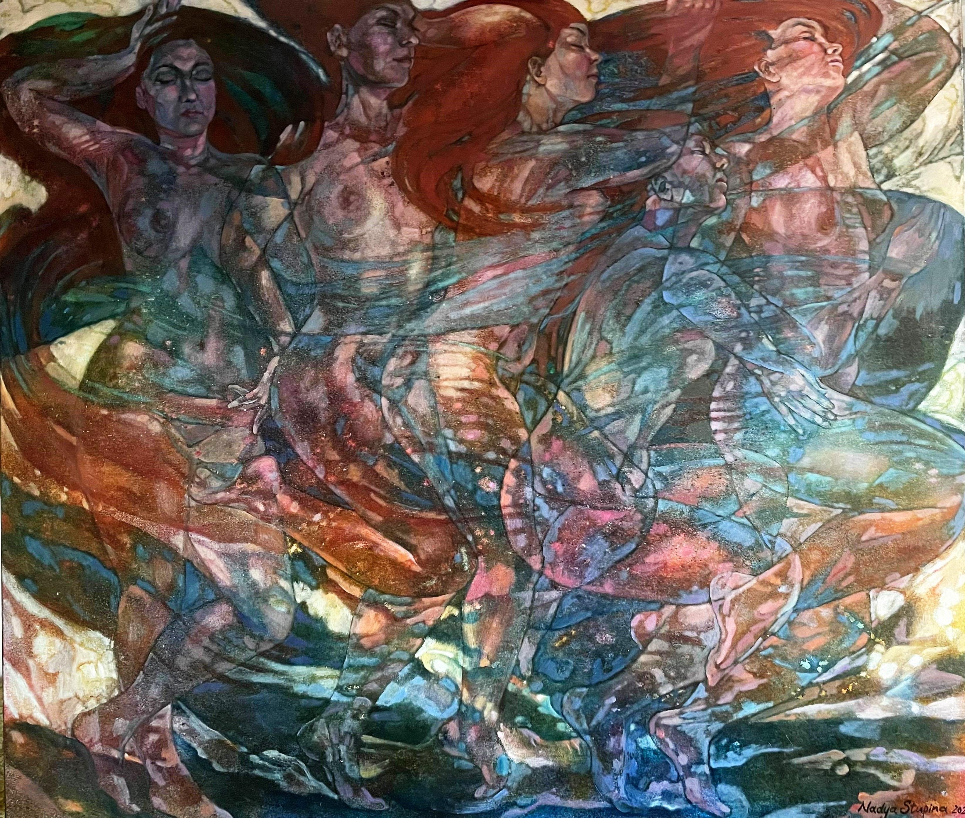 "Phantasmagoria . In movement ."  Horizontal . X-Large oil figurative painting.