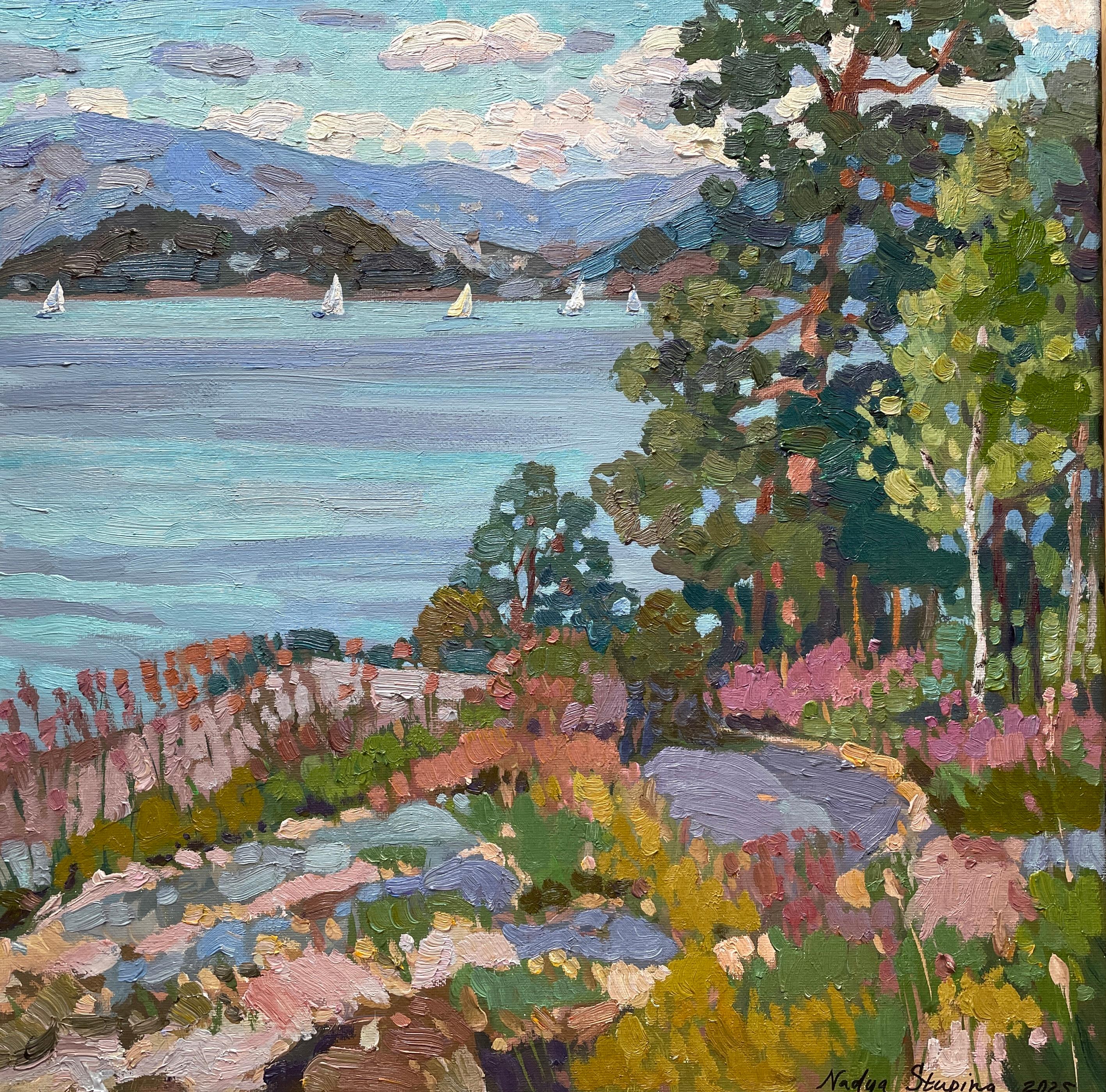 Landscape Painting di Nadezda Stupina - "La pittoresca sponda del fiordo" Originale  paesaggio impressionistico. Impasto