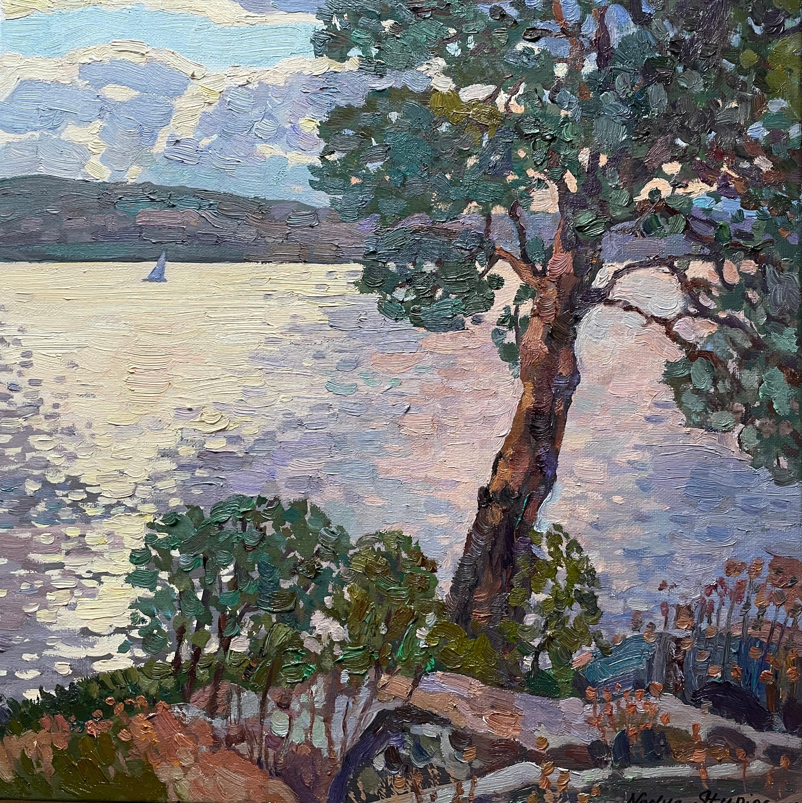 "Pino sulla riva" Paesaggio impressionistico originale. Pittura all'aria aperta.