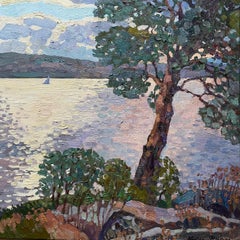 "Pino sulla riva" Paesaggio impressionistico originale. Pittura all'aria aperta.