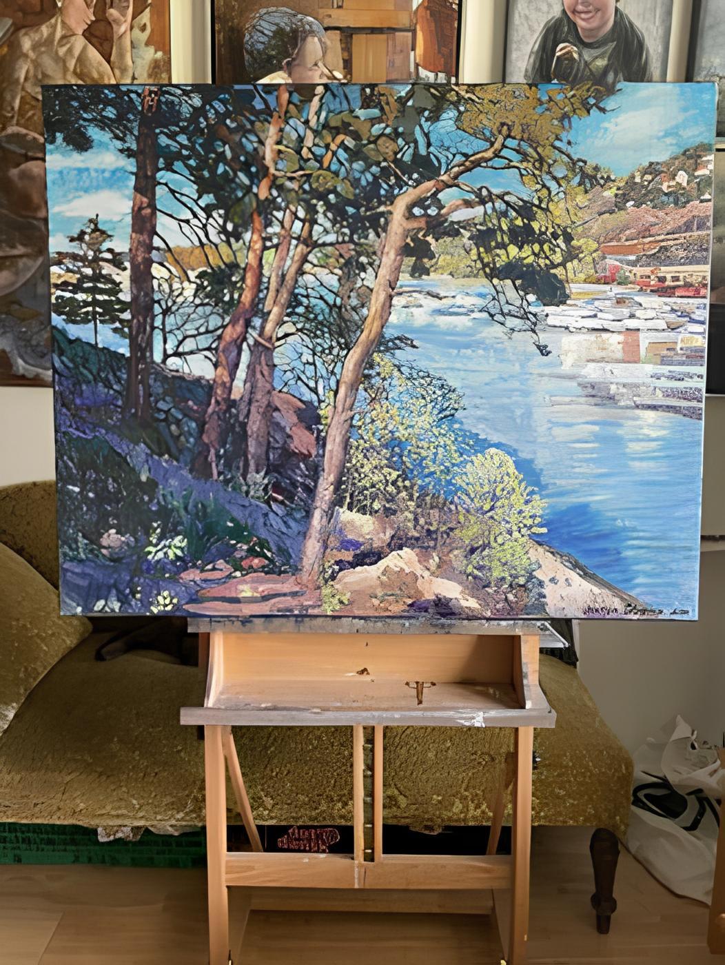 Nel creare questo dipinto a olio, ho riversato sulla tela il mio fascino per l'interazione tra luce e natura. Come opera impressionistica, cattura l'essenza serena di un momento costiero, dove i pini selvatici si ergono come osservatori silenziosi