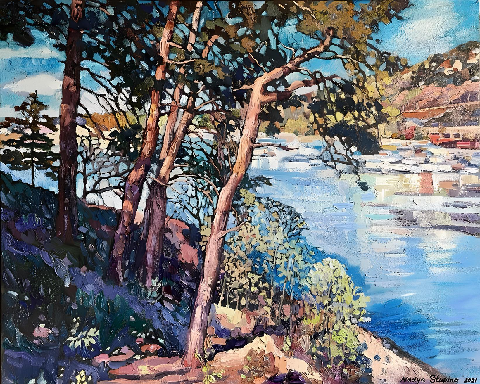 Landscape Painting di Nadezda Stupina - "I pini di Ulvøya". Paesaggio impressionistico originale. tecnica dell'impasto.