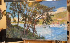 Les pins de l'île. Paysage impressionniste original. Grande peinture à l'empâtement