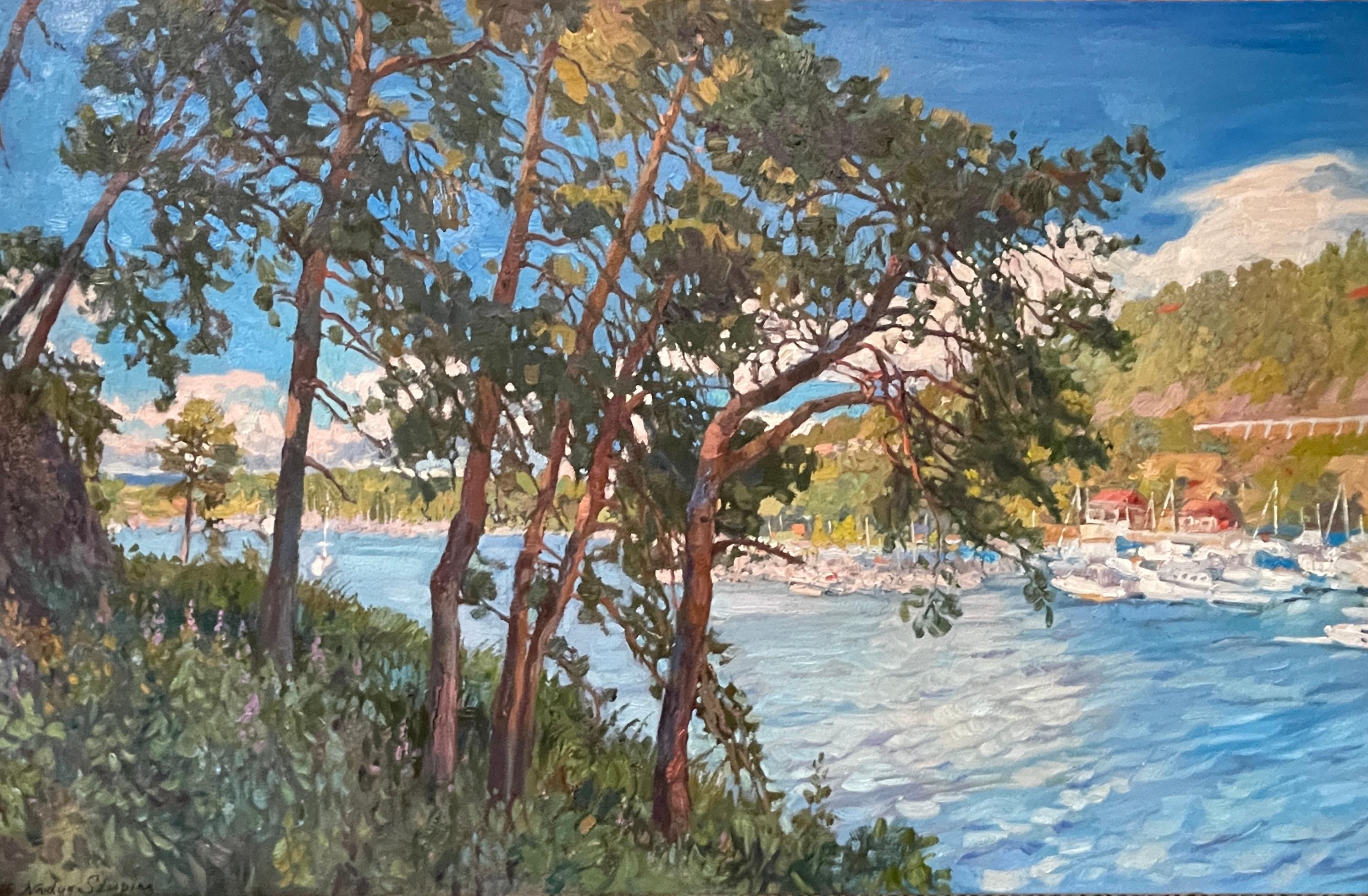 Nadezda Stupina Landscape Painting - Pines on the island . Original impressionistic landscape. Large impasto painting