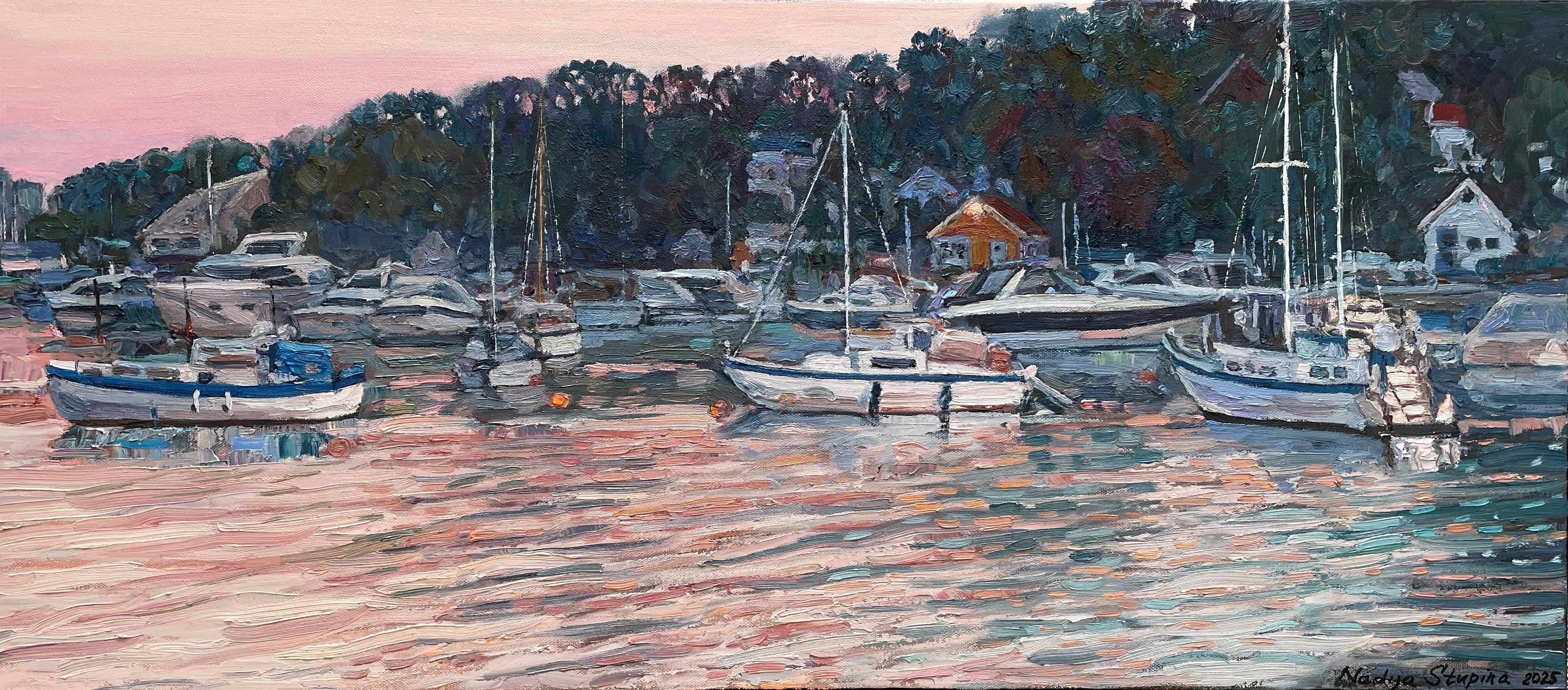 Landscape Painting de Nadezda Stupina - "Atardecer rosa en Malmøya" Original paisaje marino impresionista. Horizontal