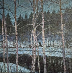"Pink trees" Impressionistic landscape   oil painting. Winter nature. Impasto