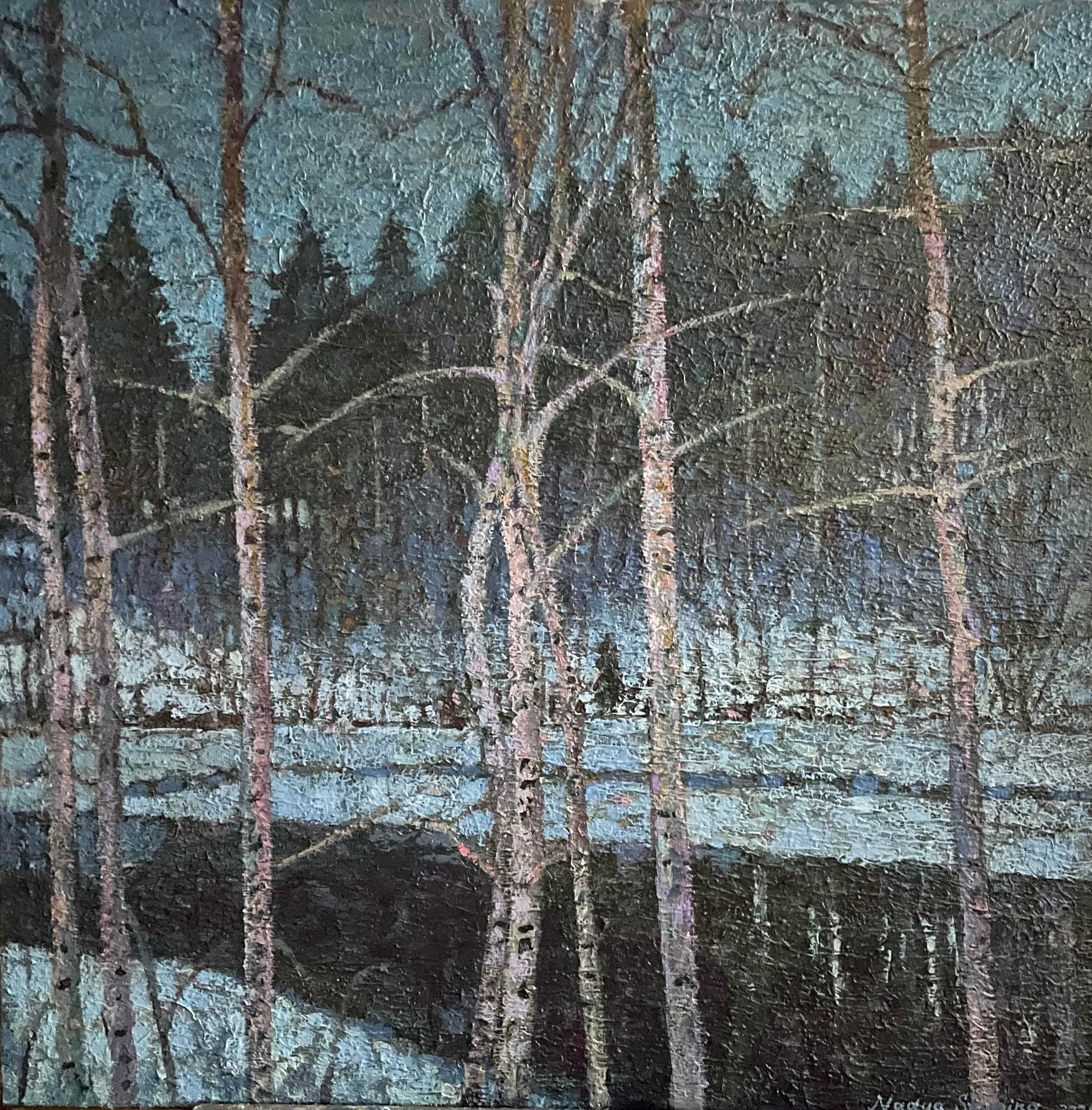 "Pink trees" Impressionistic landscape oil painting. Winter nature. Impasto
