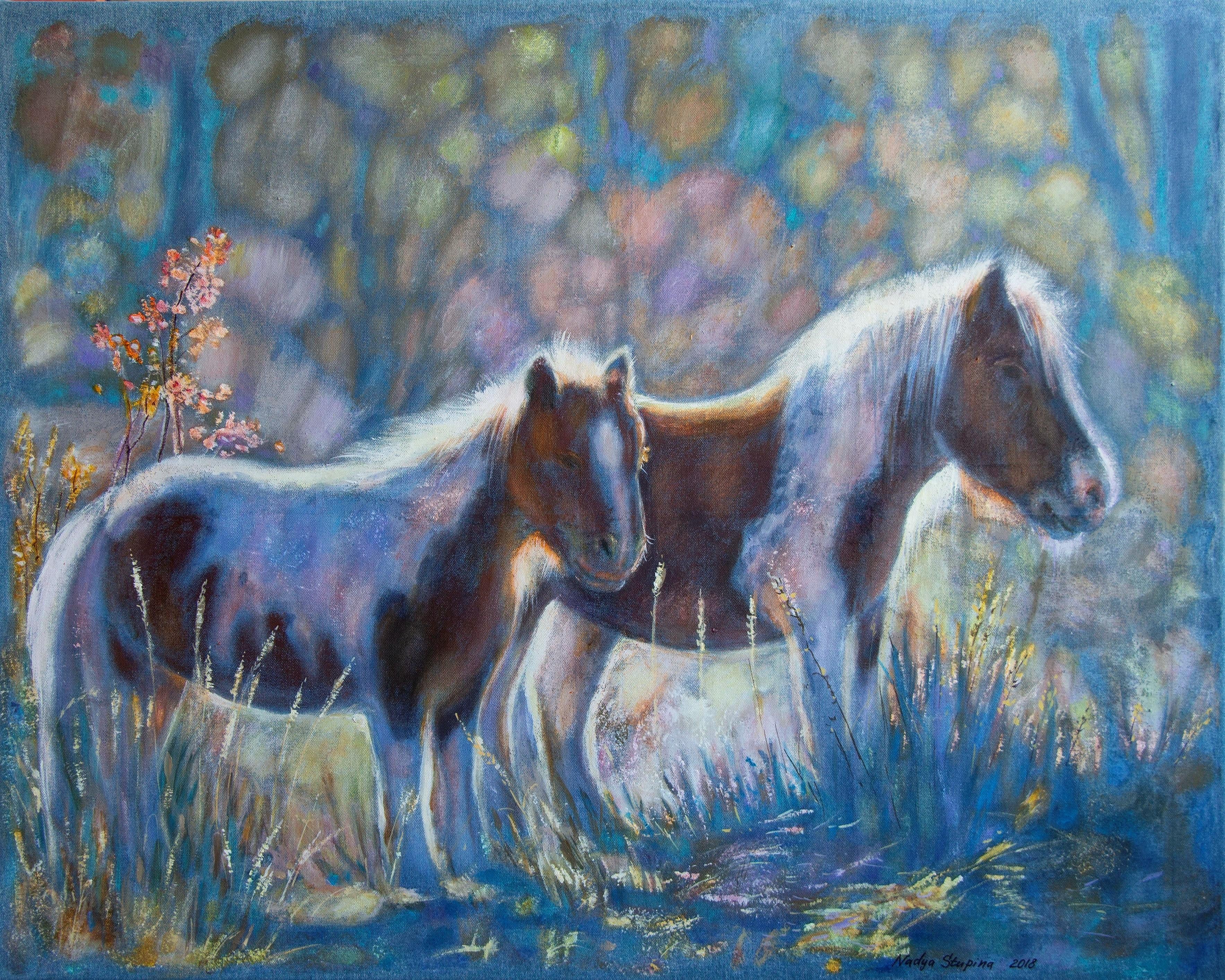 Nadezda Stupina Animal Painting – "Pony"  Tierische Acrylmalerei . Großes Format . Denim .equestrian paintings