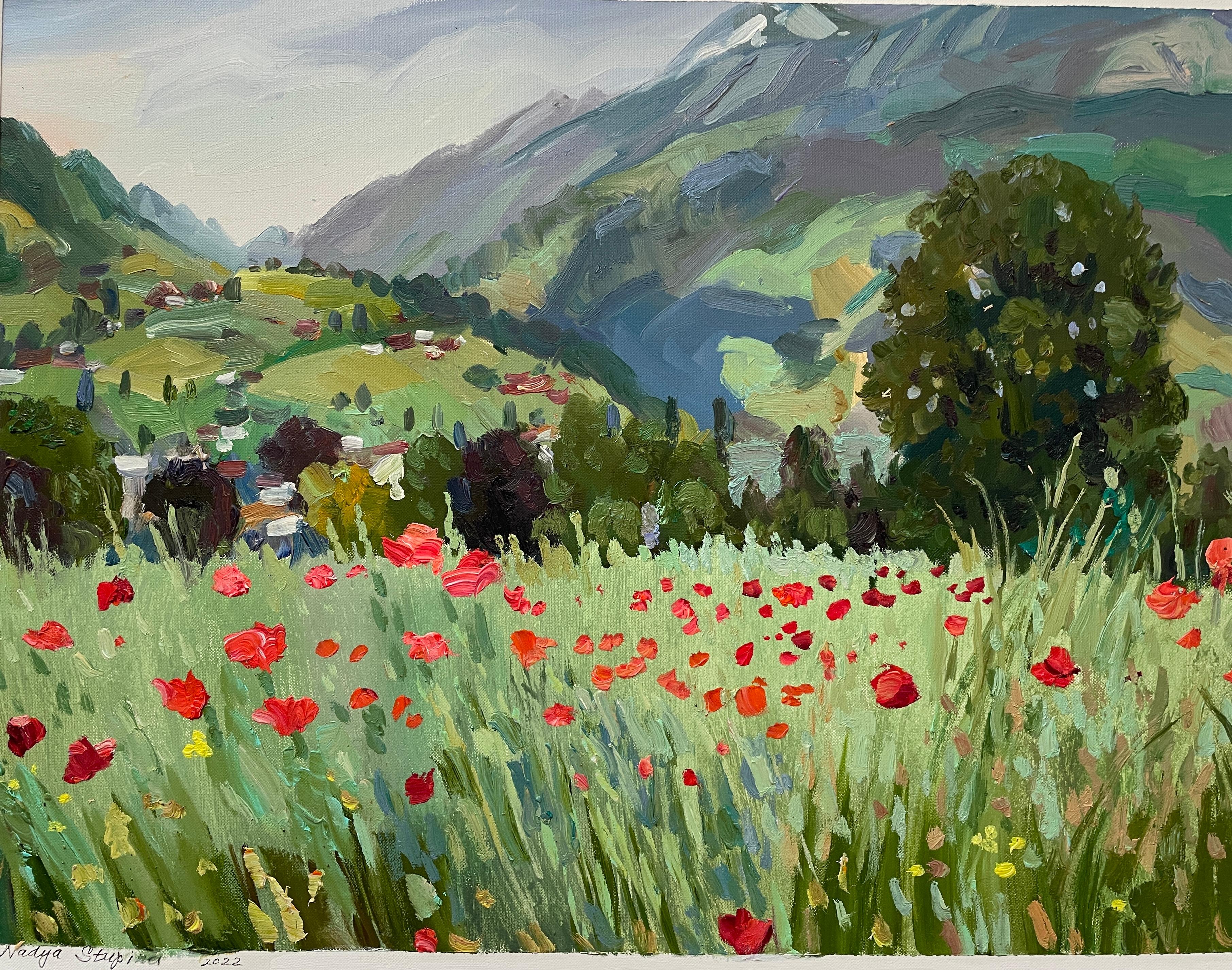 "Mohnblumen des Alpentals" Original Landschaftsgemälde. Öl auf Papier.