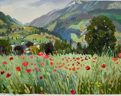 "Mohnblumen des Alpentals" Original Landschaftsgemälde. Öl auf Papier.