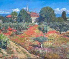 Poppy field near the ola estate. Original impressionistic landscape . Impasto