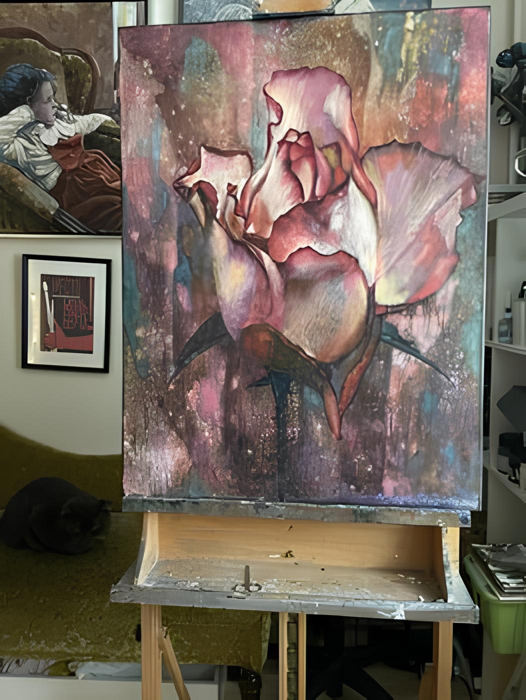 „Porträt einer geheimnisvollen Rose“, Original-Blumengemälde. vertikal. Öl/Leinwand im Angebot 1