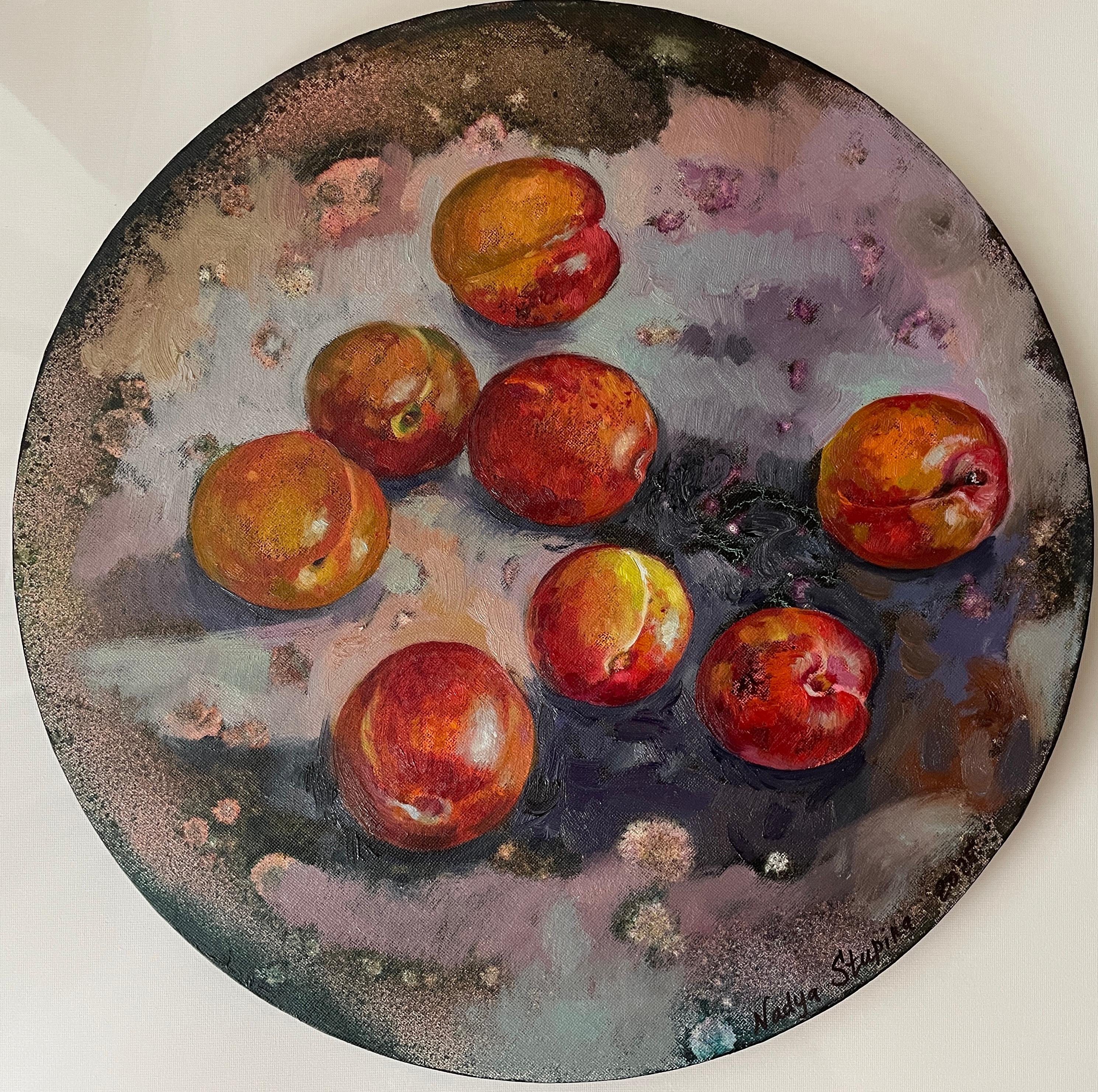 «Red plums» Original still life painting. Round , small size, home decor.
