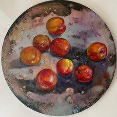 «Red plums» Original still life painting. Round , small size, home decor.