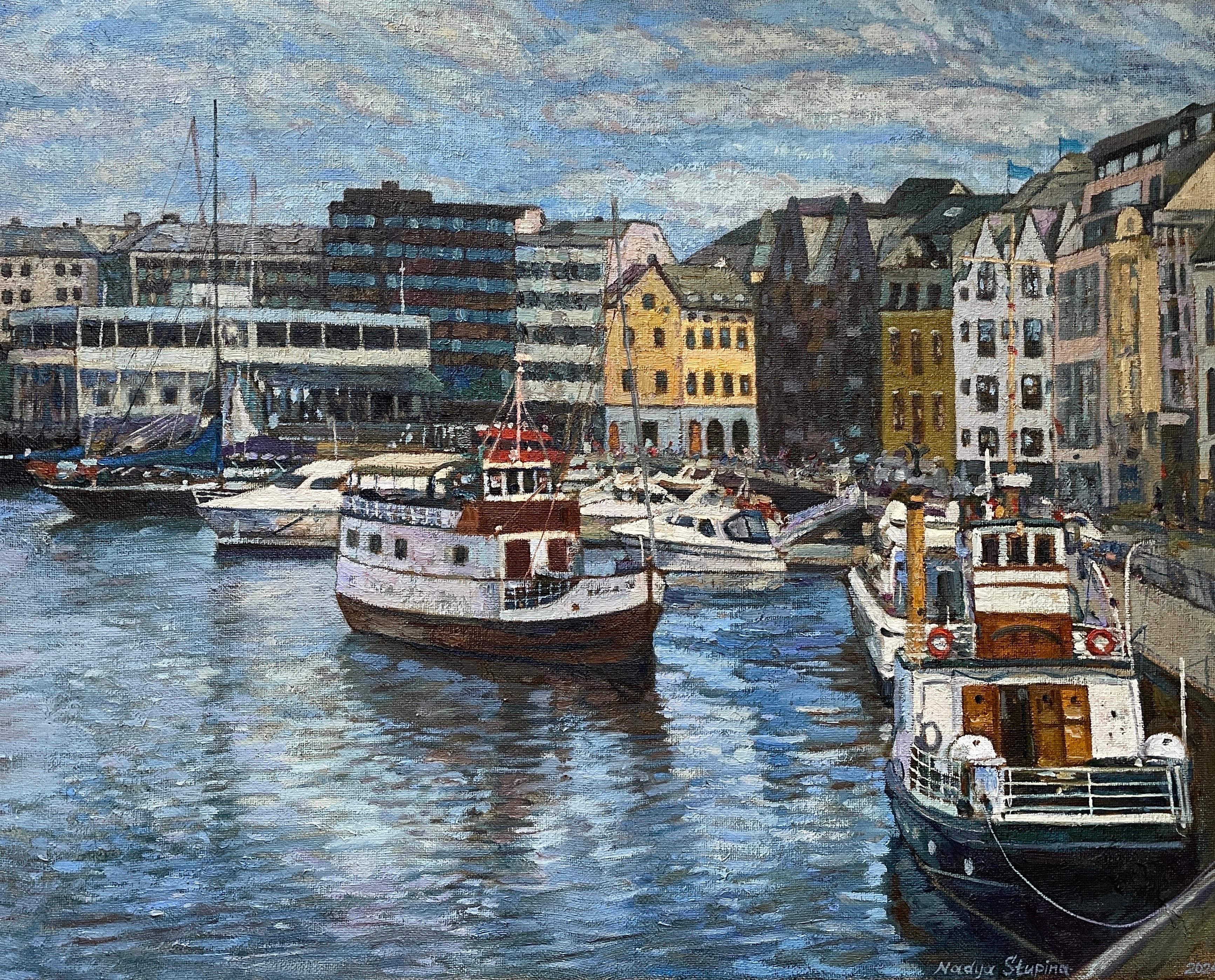 Nadezda Stupina Landscape Painting - "Rhythms of Ålesund" Original  cityscape. Large oil painting