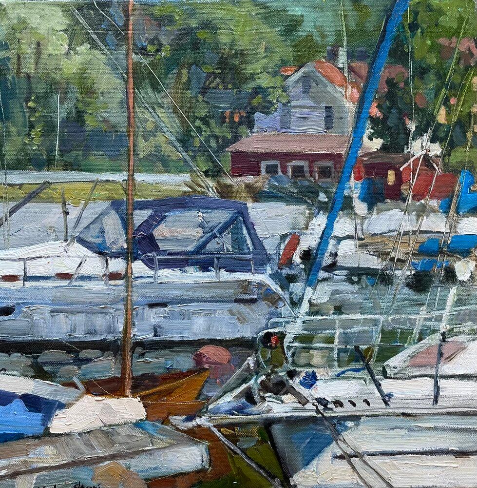 Nadezda Stupina Landscape Painting - "Rhythms of the harbor" Original impressionistic landscape. Square small  .