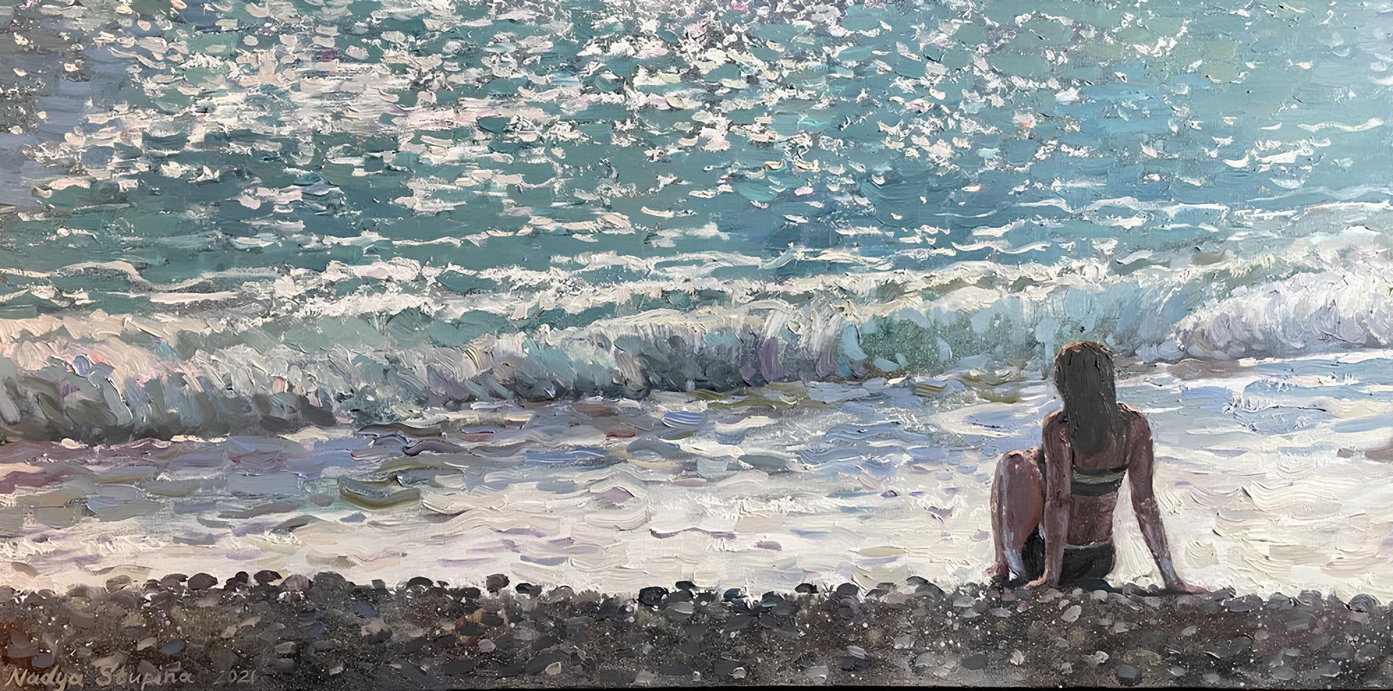 Nadezda Stupina Figurative Painting - "Sea&Girl" Original impressionistic painting . Figurative . Horizontal.