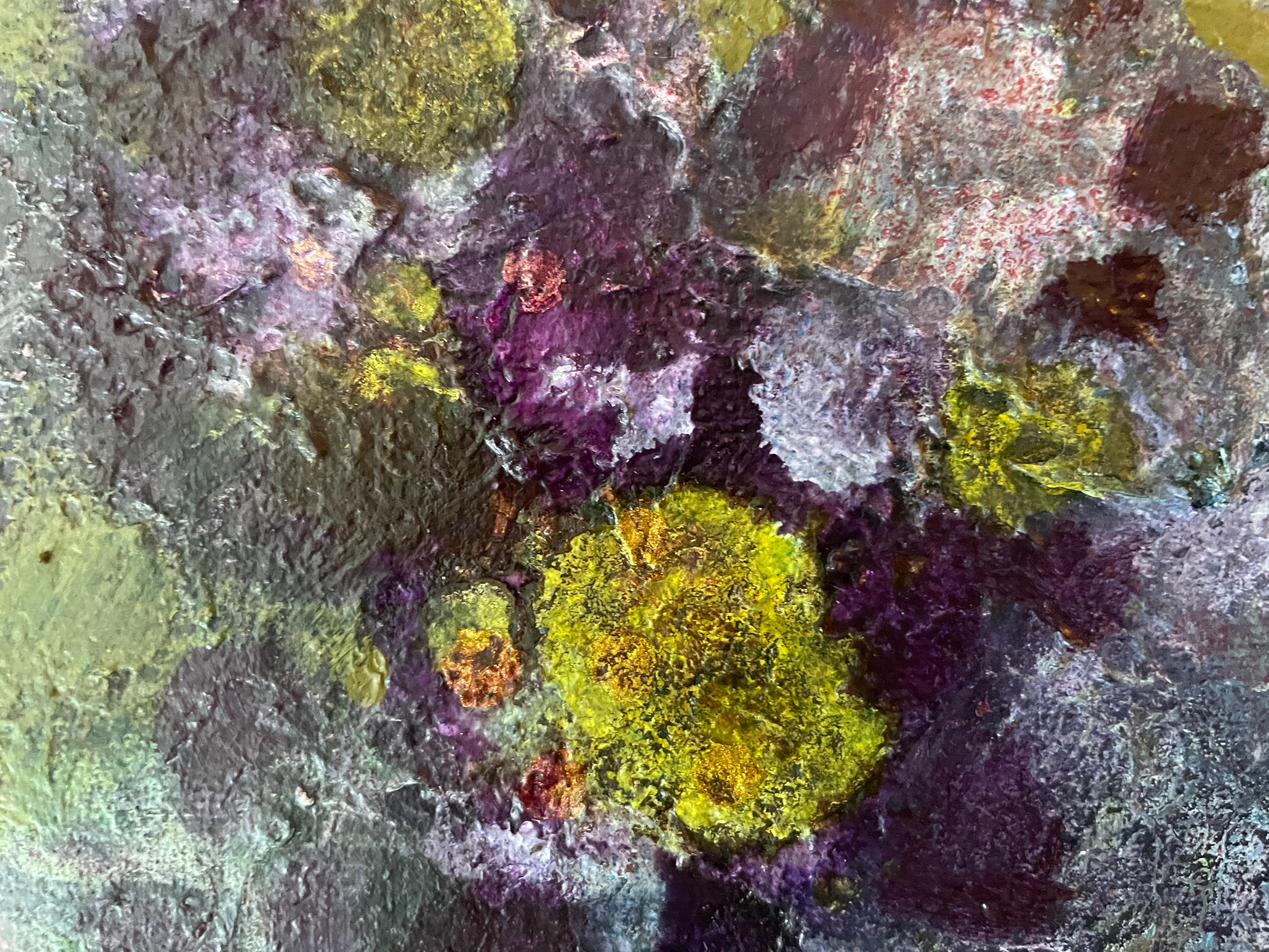 This artwork displays a mesmerizing fusion of abstract and floral elements, captivating the viewer with its rich texture and dynamic composition. A symphony of colors—purples, greens, and blues—intertwine seamlessly, evoking the fluidity and