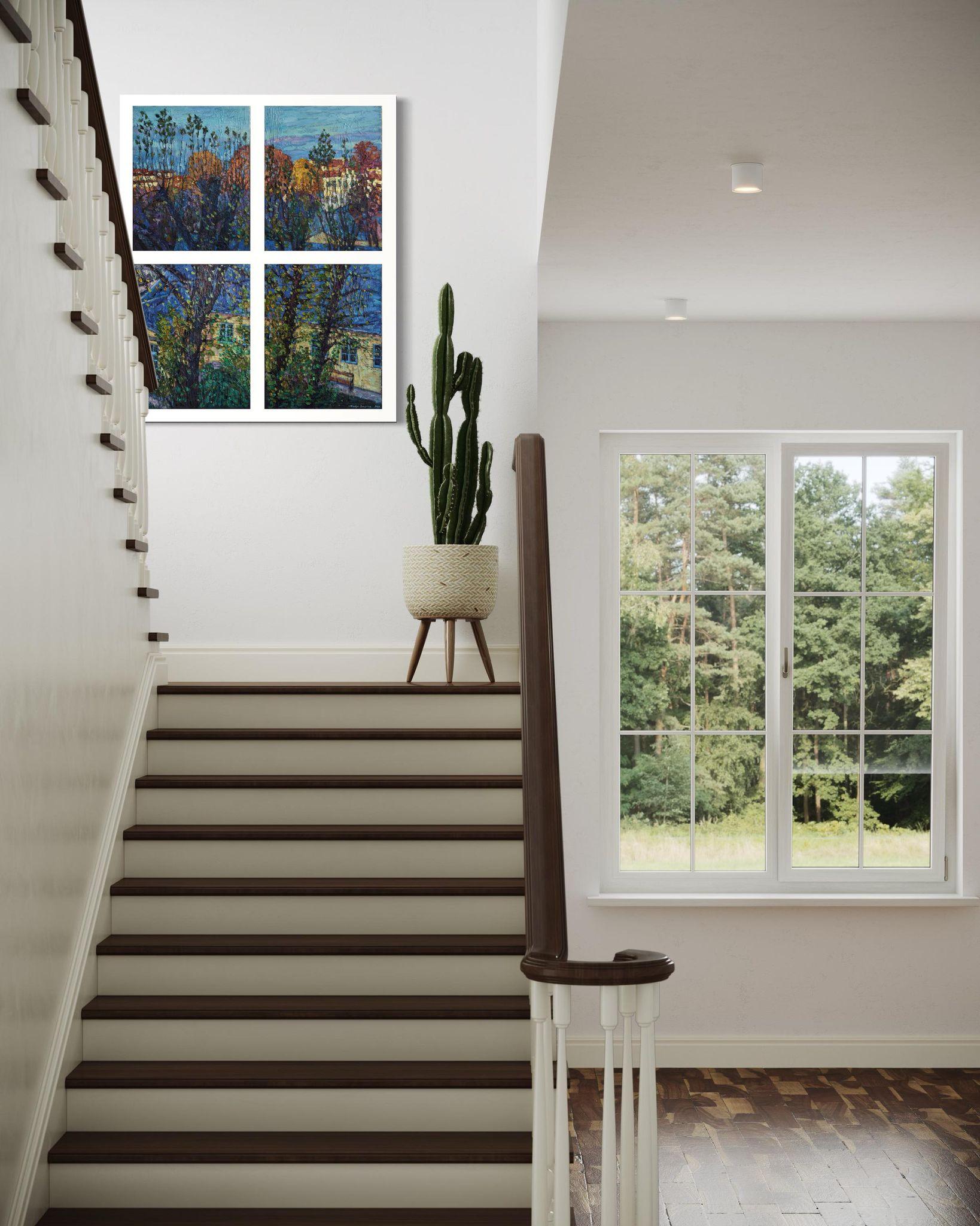 In diesem Quartett habe ich versucht, die Essenz des Herbstes einzufangen, wie sie sich durch Zeitfenster und Emotionen zeigt. Jede Tafel erweckt die Verwandlung der Natur zum Leben, indem sie mit Öl und Collage die Grenzen zwischen realen und