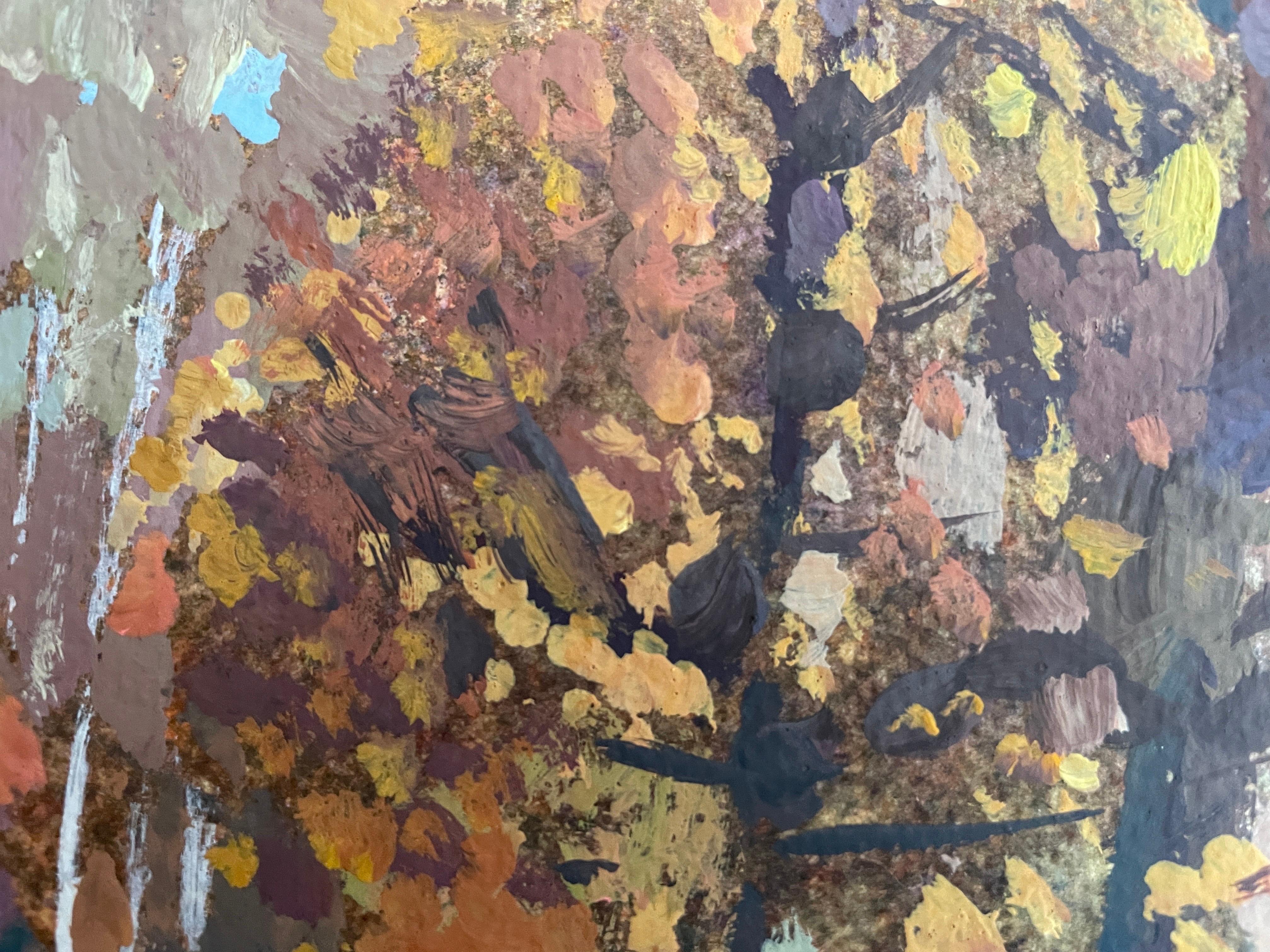 Dieses Kunstwerk zeigt eine heitere Herbstlandschaft und fängt das Spiel von Licht und Schatten auf einem von Bäumen gesäumten Weg meisterhaft ein. Die reiche Palette an Gelb-, Orange- und Brauntönen verkörpert die lebendige Transformation der