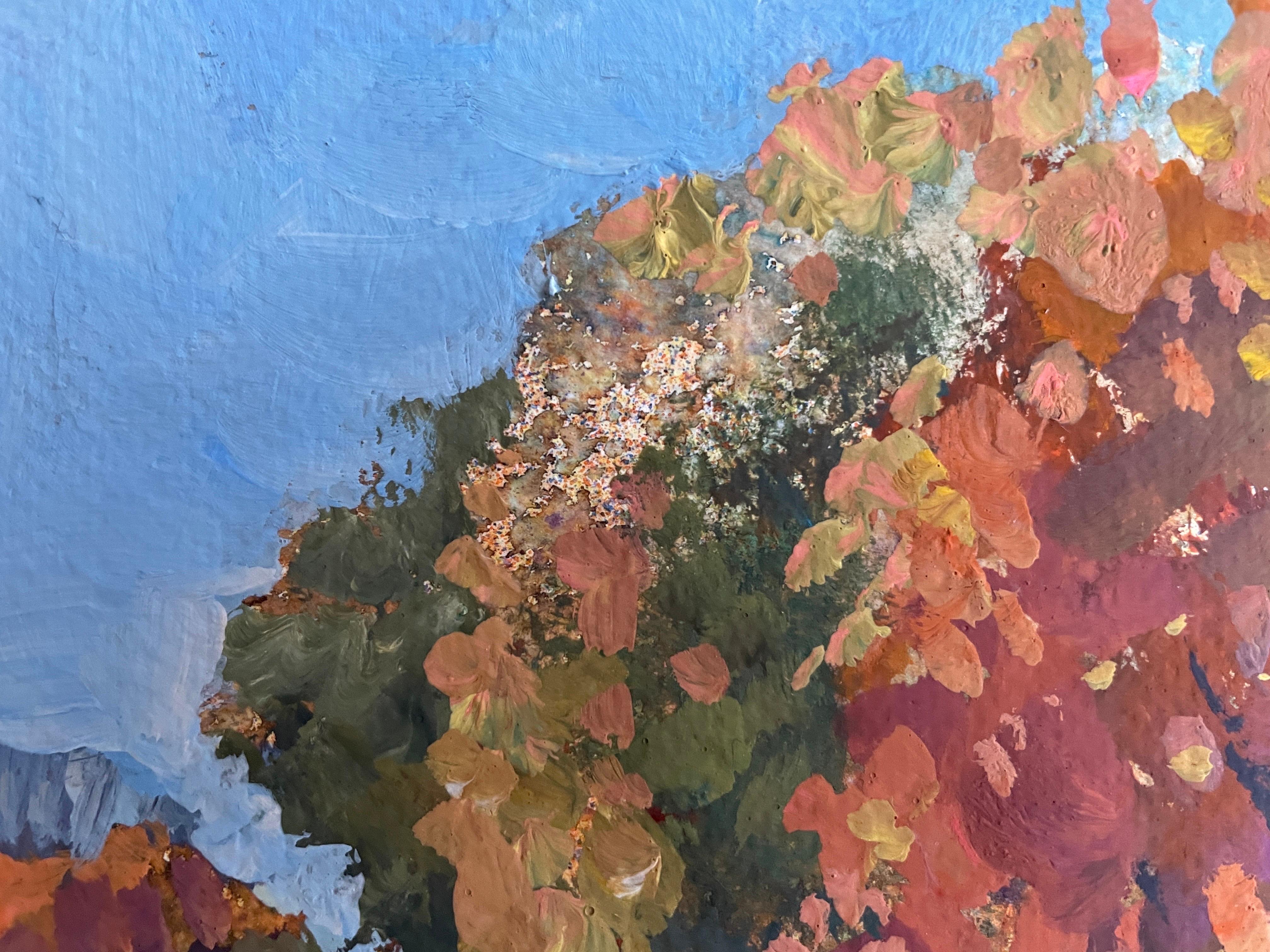 This artwork masterfully captures a serene autumn landscape, immersing the viewer in its warm, earthy tones. A winding path cuts through a forest, dappled with sunlight filtering through the golden and amber leaves of towering trees. The artist